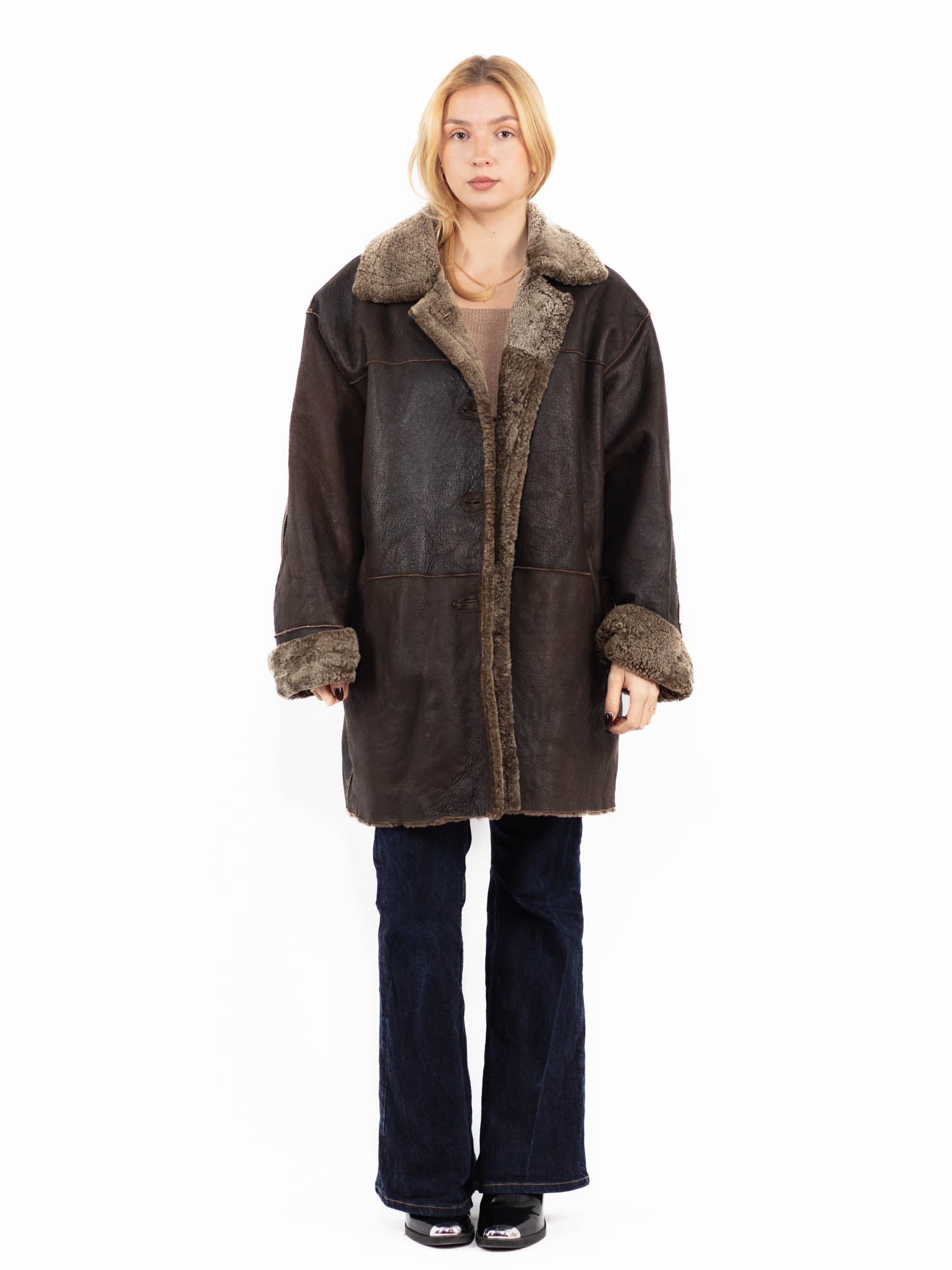 Vintage 90's Women Oversized Sheepskin Coat in Brown by Northern Grip