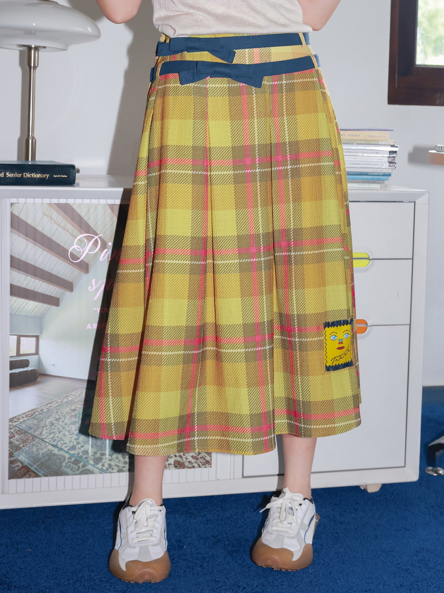Decora Kei Yellow Plaid Bow Double Belt Pleated Skirt - Tntntutu by Land Decora