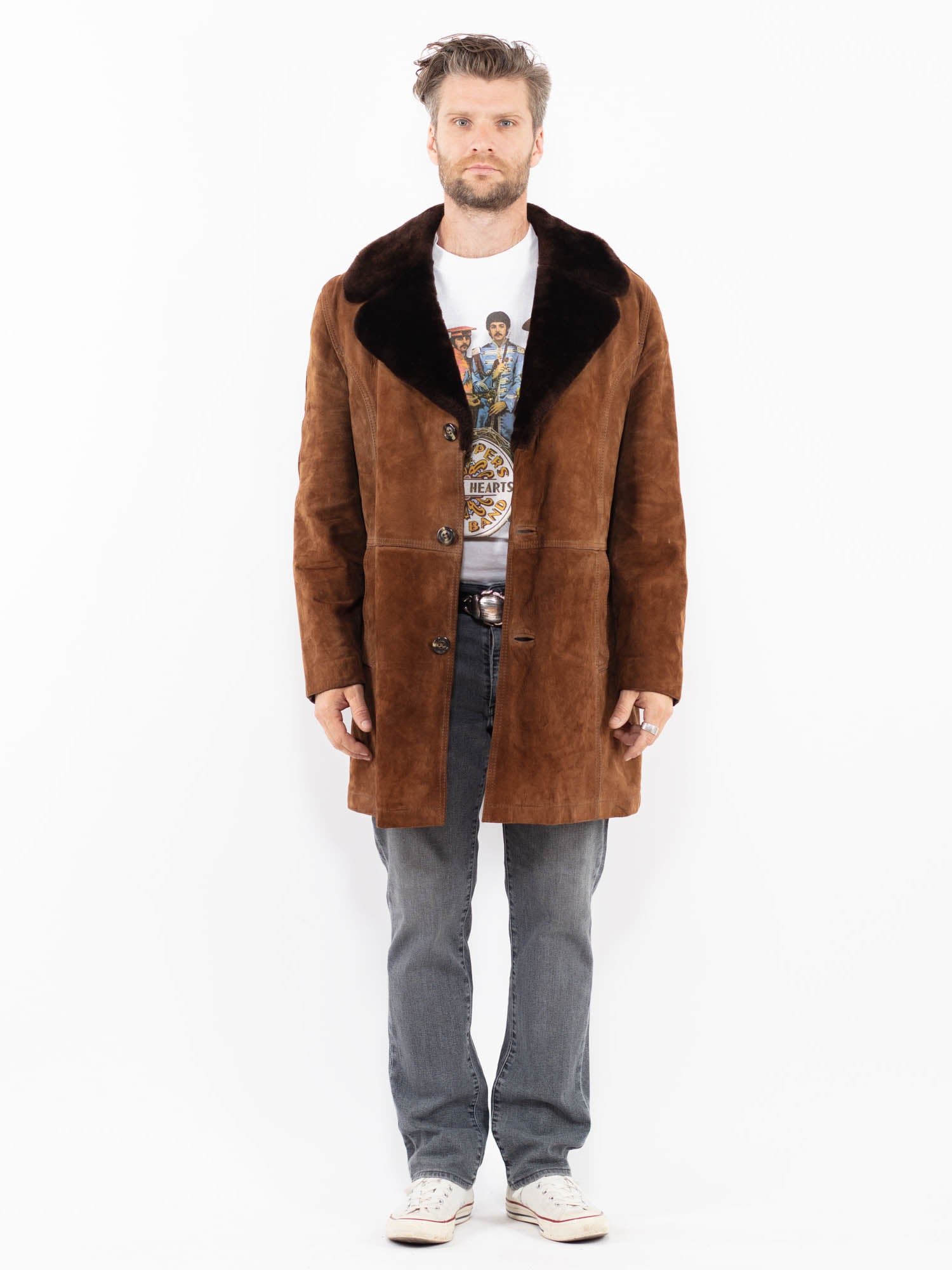 Vintage 70's Men Suede Sherpa Coat in Brown by Northern Grip