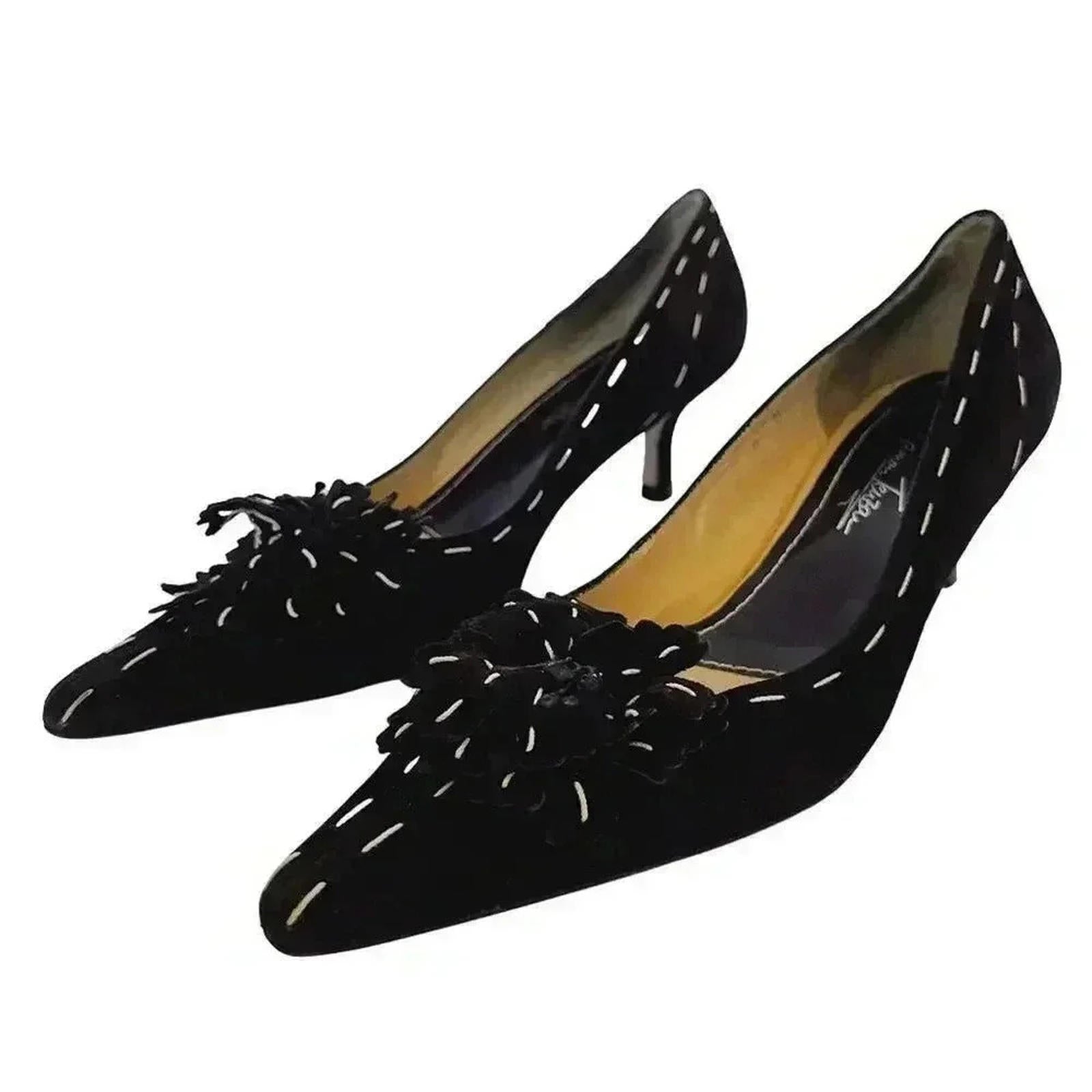 y2k Vintage Ramon Tenza Brown Suede Cream Pointed Toe Heels Flower Siz by Hot Girl Secondhand