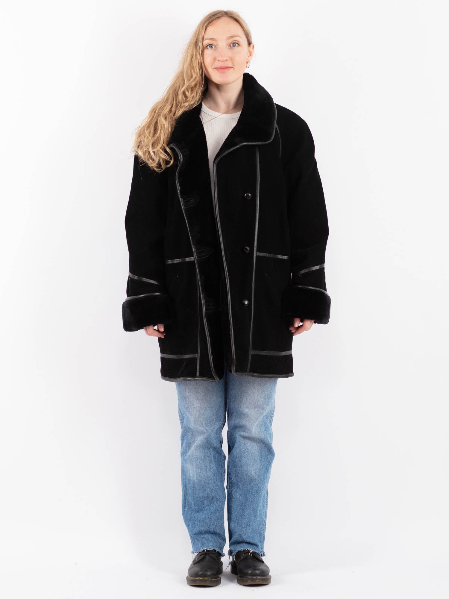 Vintage 90's Women Faux Sheepskin Coat in Black by Northern Grip