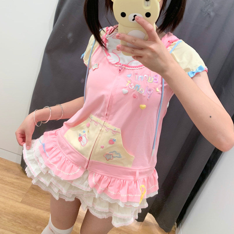Kawaii Embroidered Short Sleeve Jacket - Bunny Planet by Land Decora