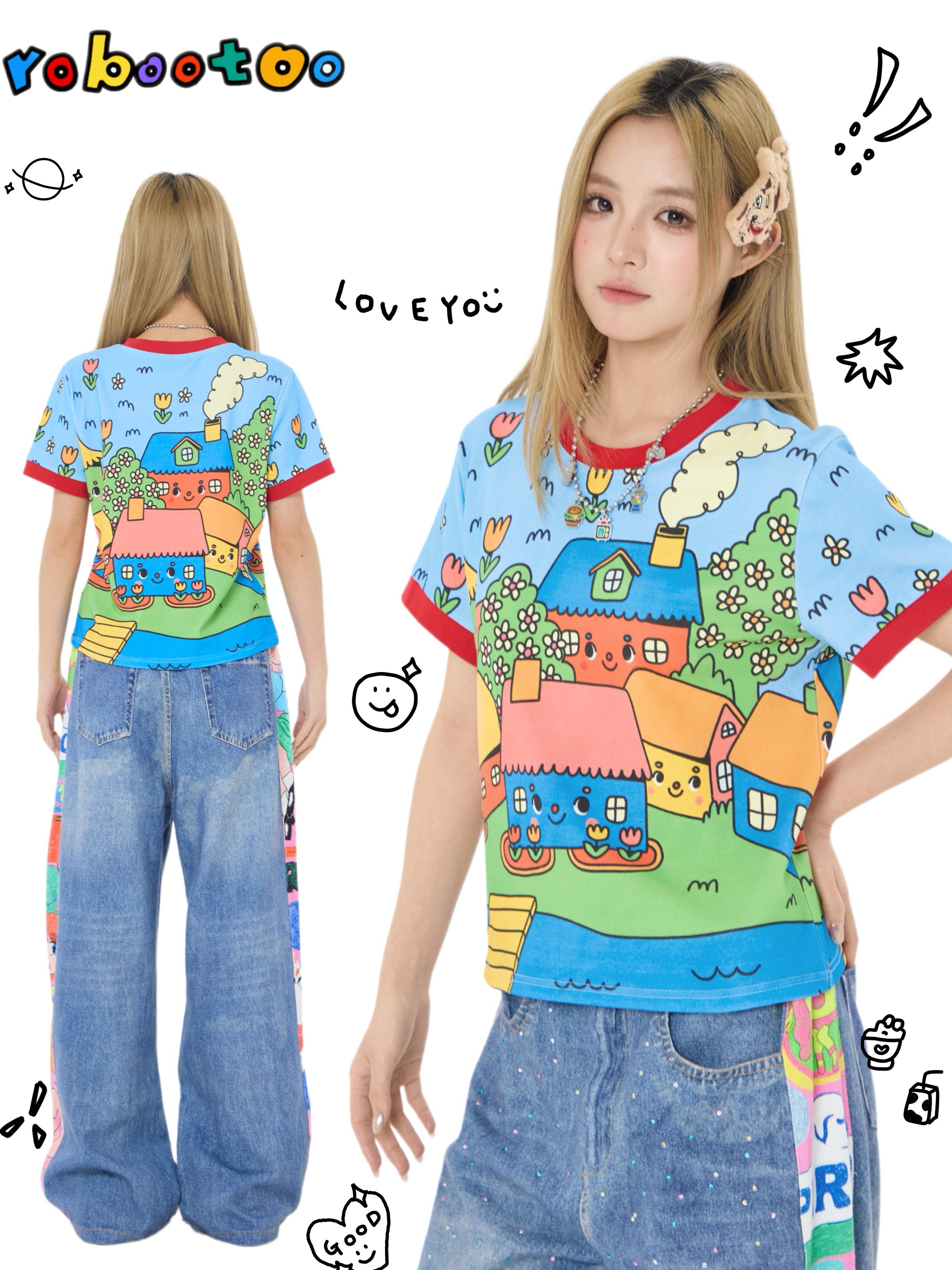 Blue Cartoon Town Print T-Shirt Y2K Kawaii - Robootoo by Land Decora