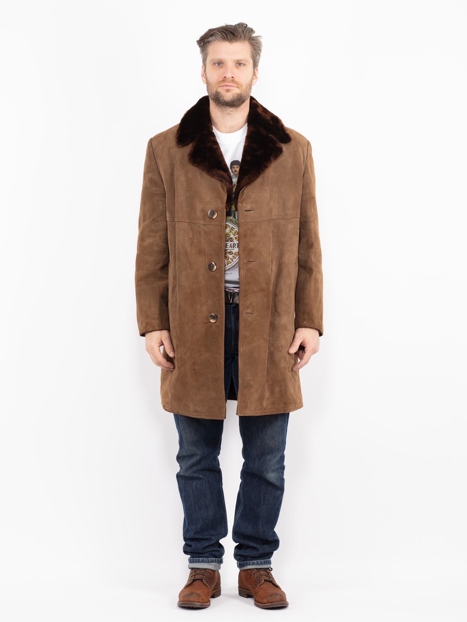 Vintage 70's Men Suede Sherpa Coat in Brown by Northern Grip