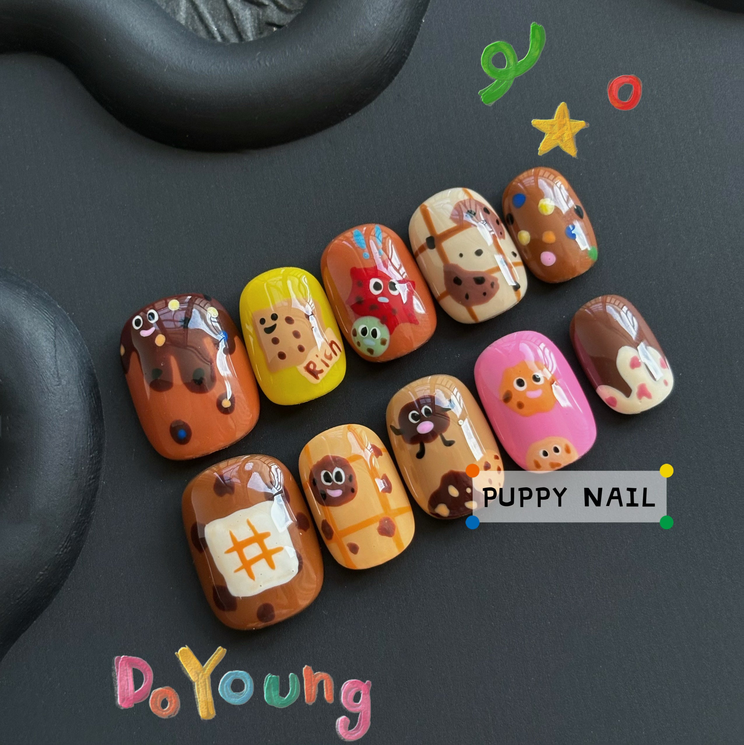 Puppy Chocolate Cookie Hand-Painted Wearable Nail Art | Cute Cartoon Short Nails for Fall/Winter by Land Decora