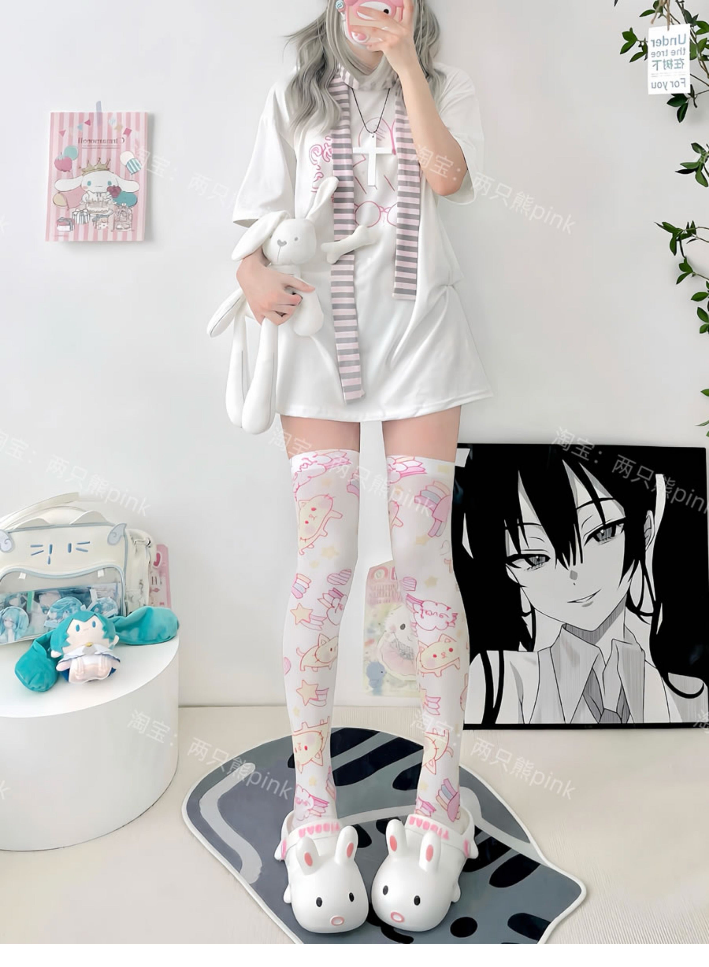 2 Bears Over-the-Knee Socks | Velvet Thigh-High Socks | Cute Print Soc by Land Decora