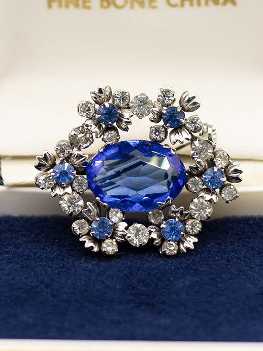 Vintage 60's Sapphire Blue Rhinestone Floral Wreath Brooch by Northern Grip