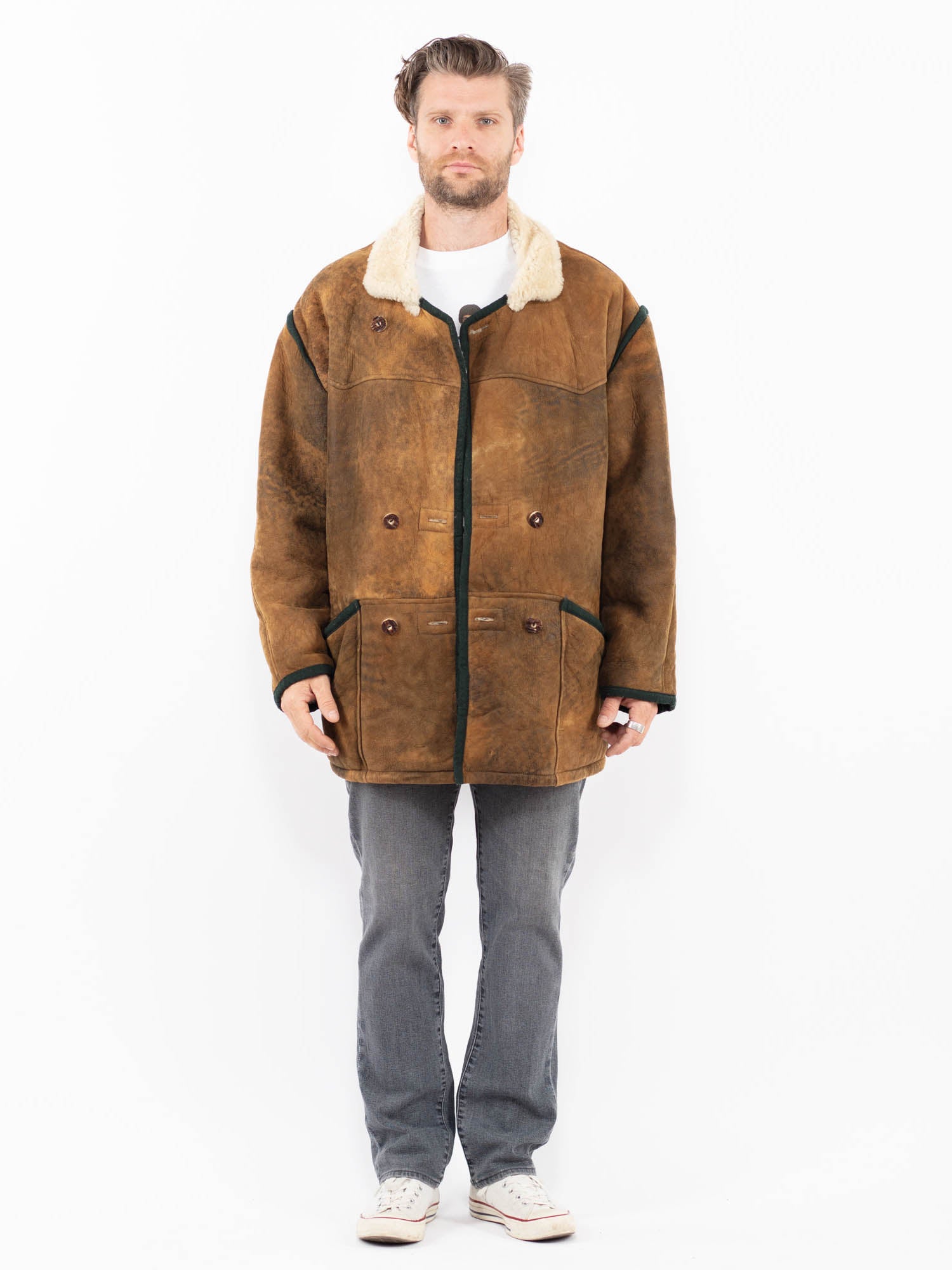 Vintage 80's Men Sheepskin Coat in Brown by Northern Grip