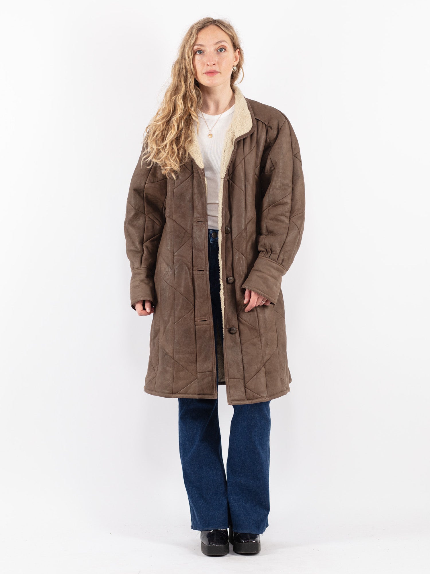 Vintage 80's Women Sheepskin Long Coat in Brown by Northern Grip