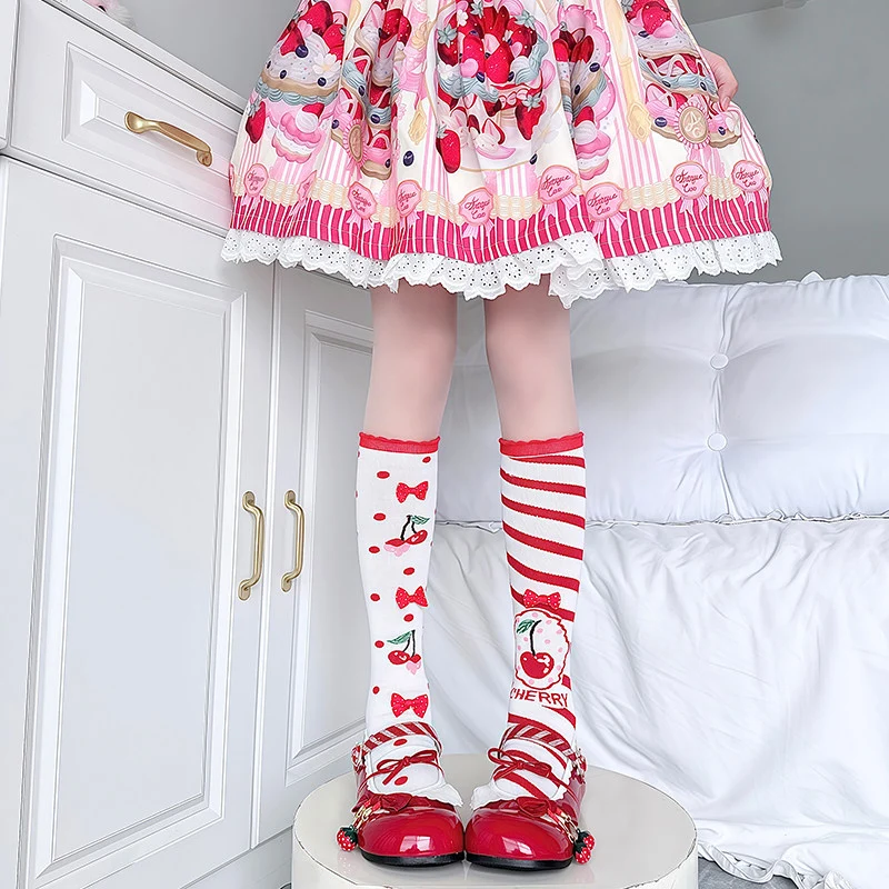 Lolita Lace Socks - Red Plaid Bow Socks by Land Decora
