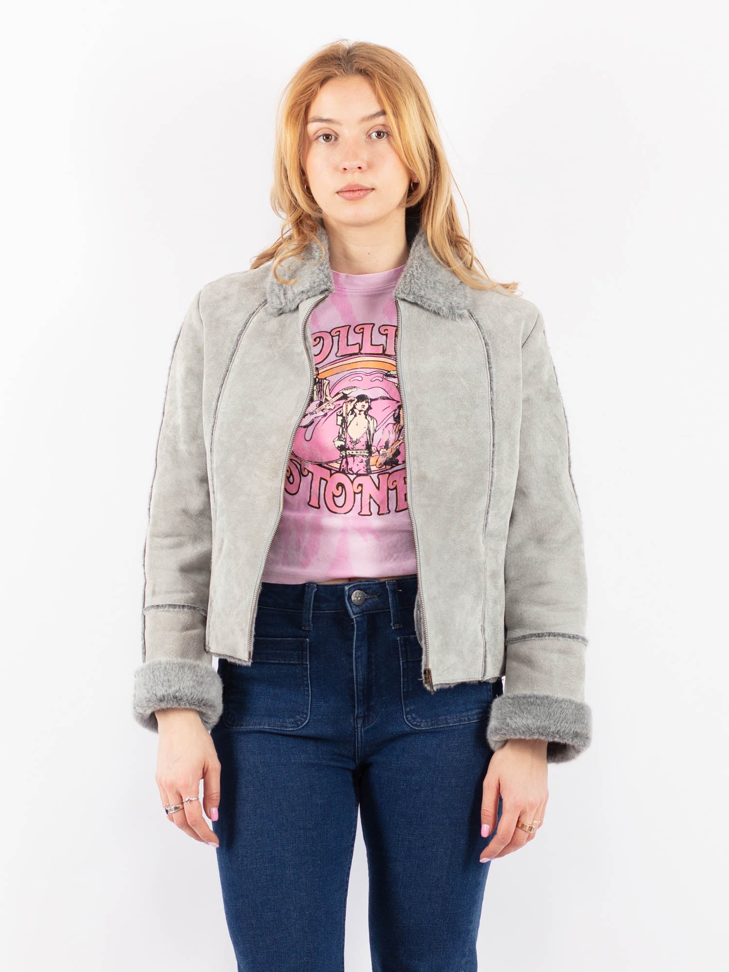 Vintage 90's Women Suede Sherpa Jacket in Gray by Northern Grip