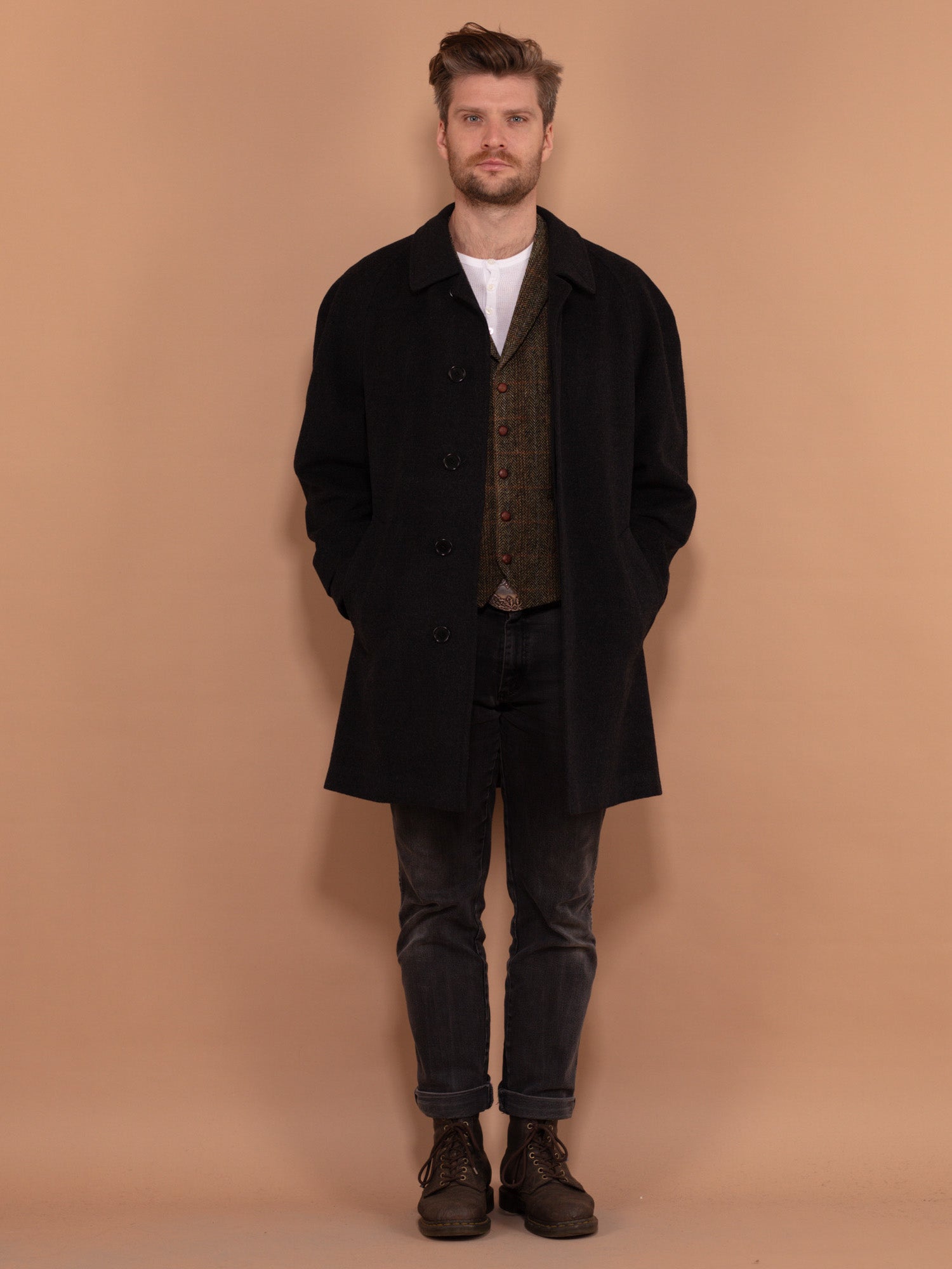 Vintage 80's Men Cashmere Wool Blend Coat in Dark Grey by Northern Grip