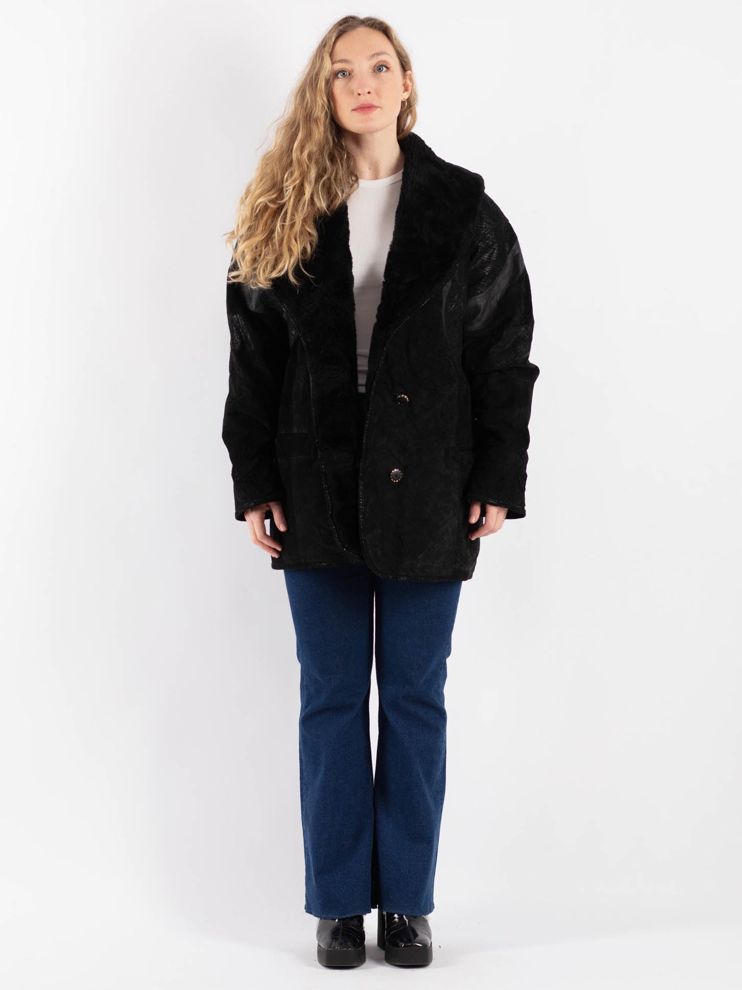 Vintage 90's Women Suede Sherpa Coat in Black by Northern Grip