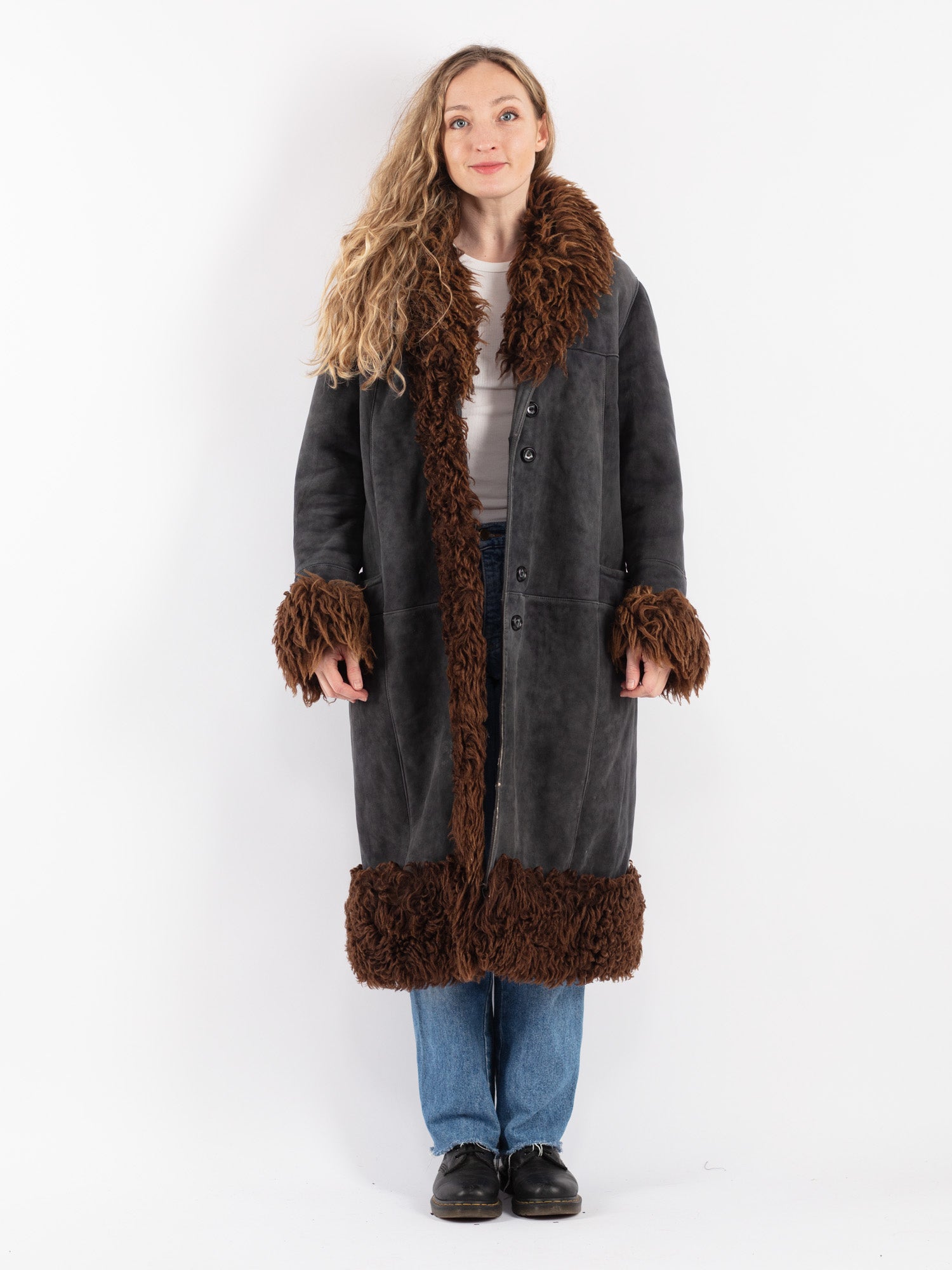 Vintage 70's Women Penny Lane Sheepskin Coat in Dark Gray by Northern Grip