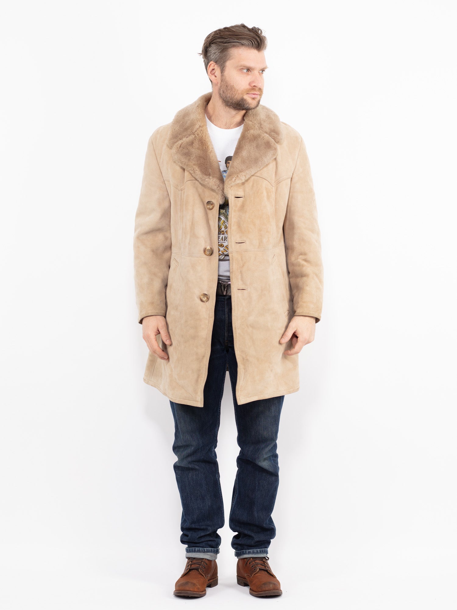 Vintage 70's Men Sheepskin Coat in Beige by Northern Grip
