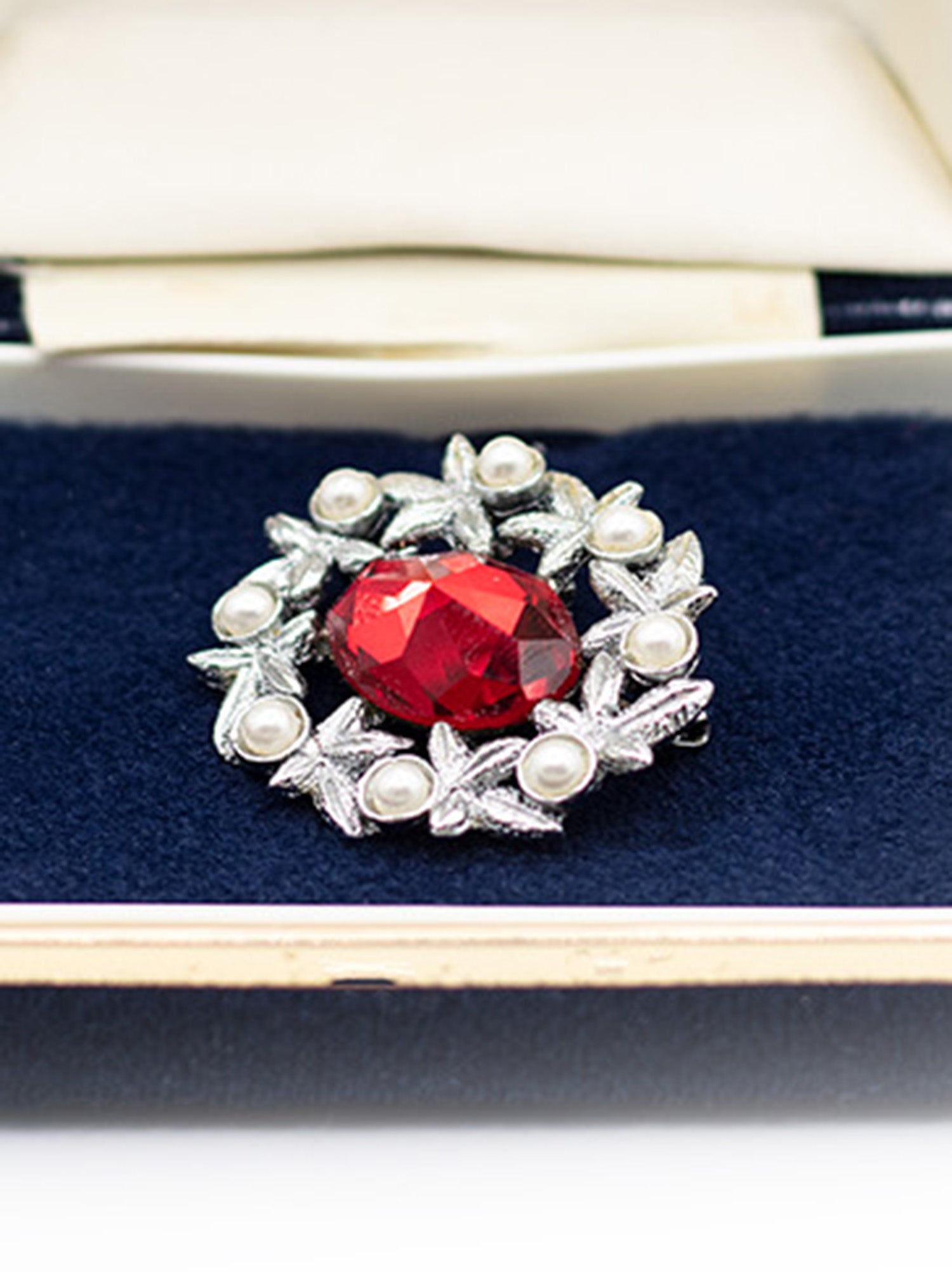 Vintage 60's Ruby Red Rhinestone & Faux Pearl Wreath Brooch by Northern Grip
