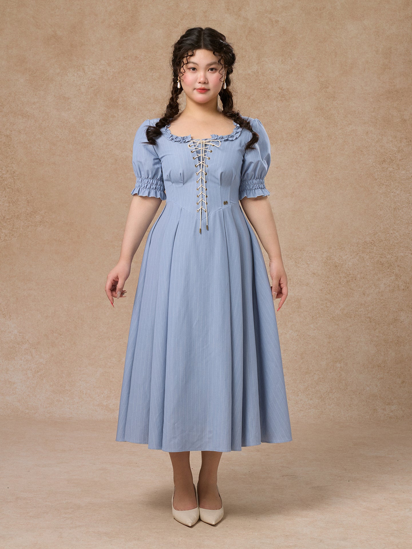 French Style Striped Short Sleeve Dress Plus Size Office - LaceMade by Land Decora
