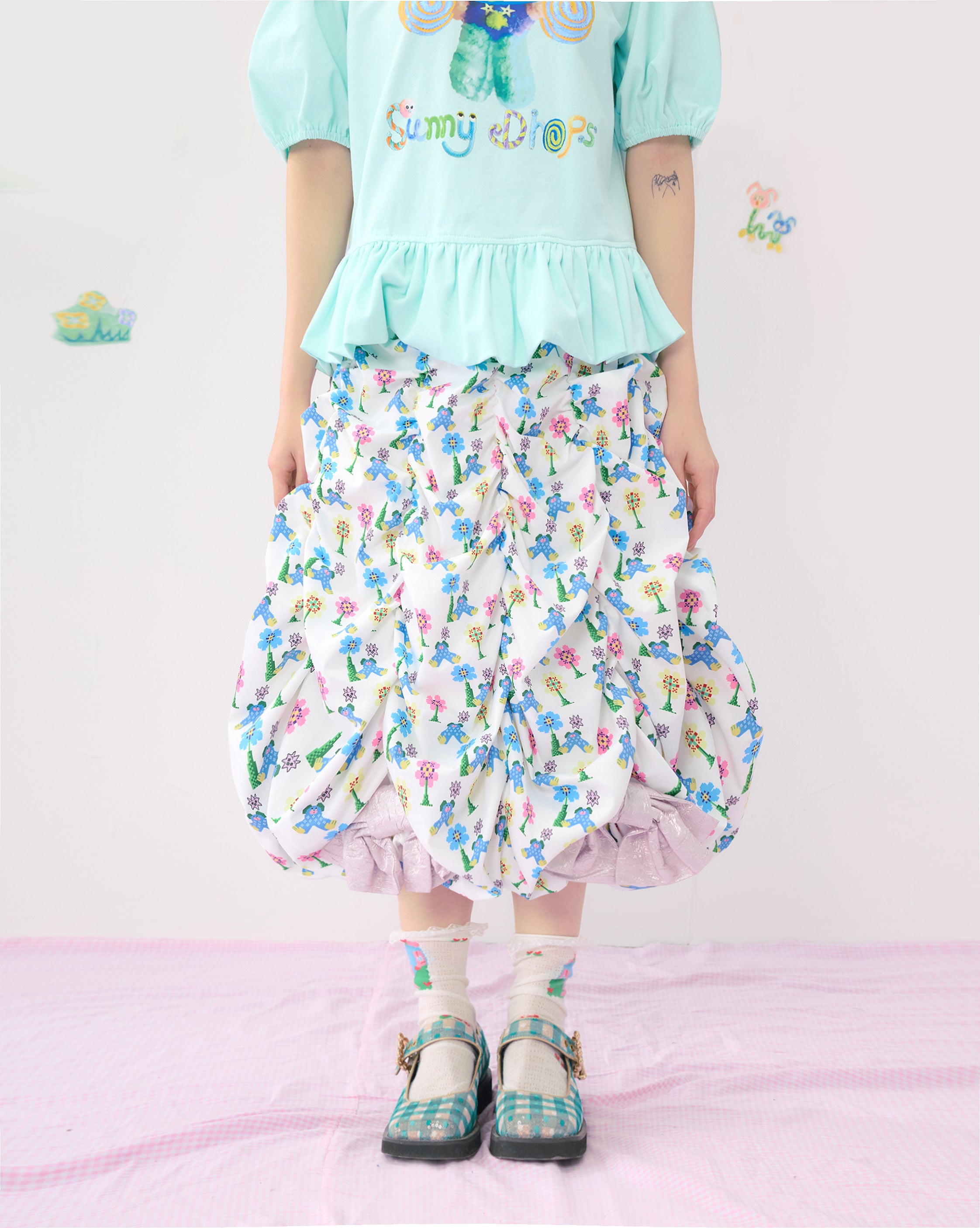 Harajuku Skirt Blue Floral Ruffled Layered Puff Skirt – HELPHELP by Land Decora