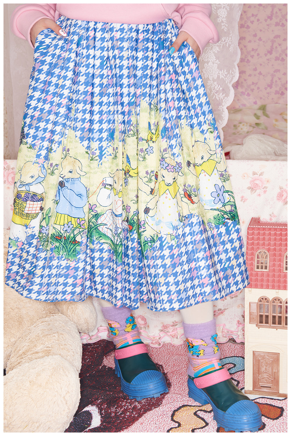 Kawaii Blue Houndstooth Lamb Print Skirt - Elastic Waist Mini Skirt - tntntutu by Land Decora