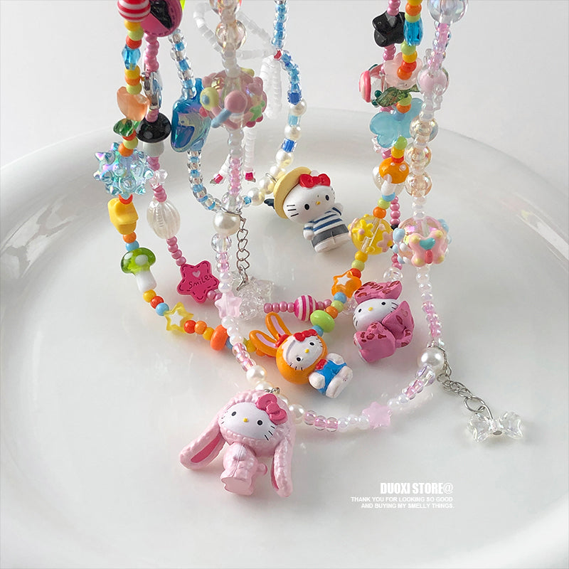 Decora Kei Beaded Kitty Bunny Cartoon Necklace Colorful Cute - DuoXi by Land Decora