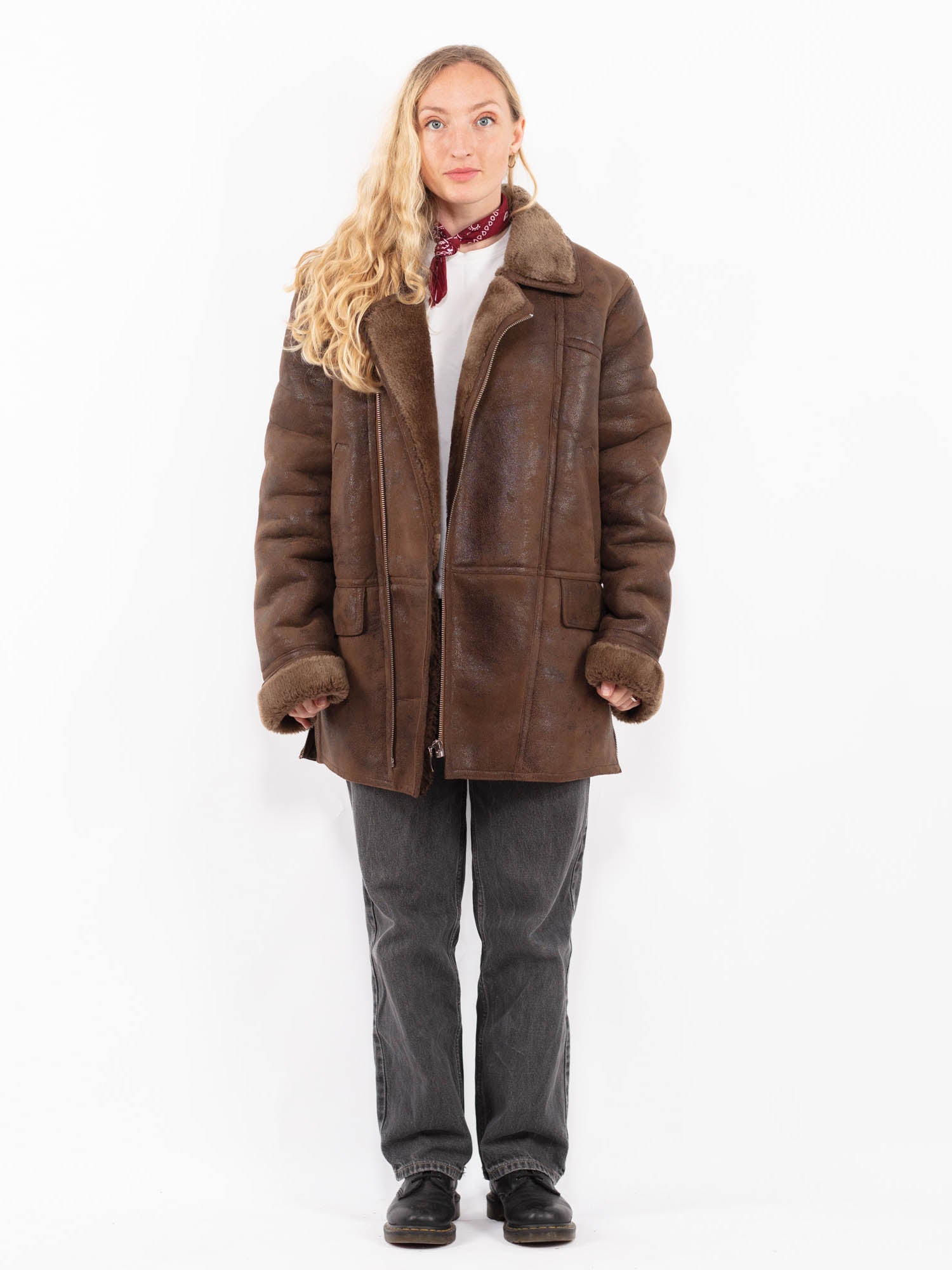 Vintage 90's Women Faux Sheepskin Coat in Brown by Northern Grip