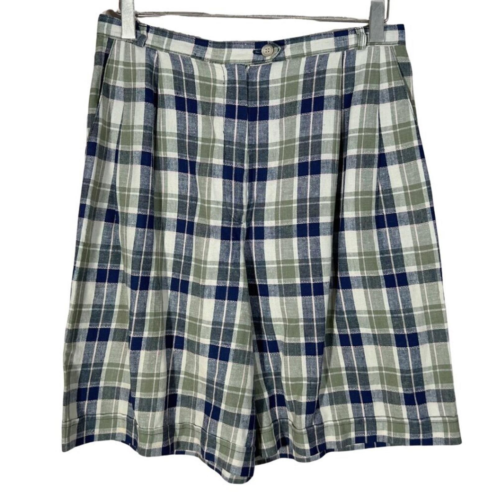 Vintage Tofy Green and Blue Plaid Linen Bermuda Shorts Women's Size 10 by Hot Girl Secondhand