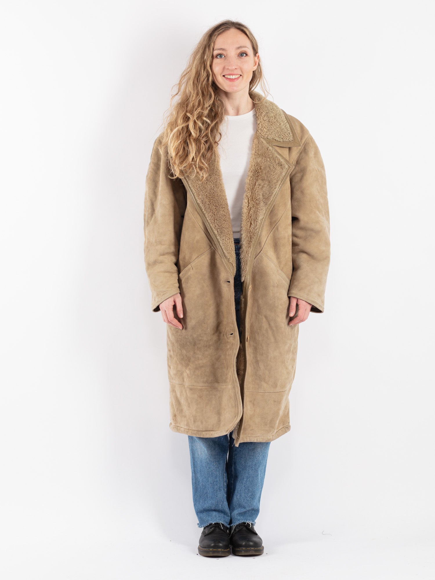 Vintage 80's Women Sheepskin Long Coat in Beige by Northern Grip