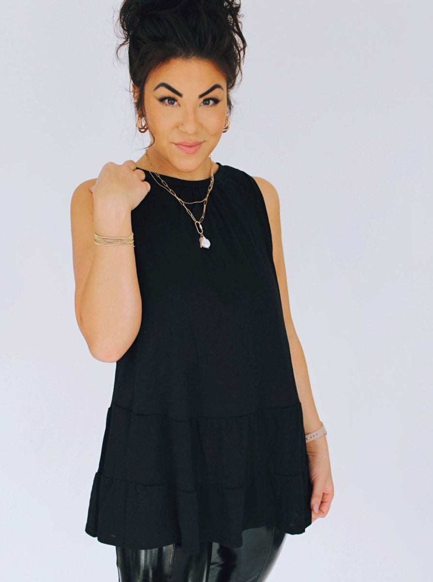 AUTUMN PEPLUM TANK IN BLACK by RAËLIV