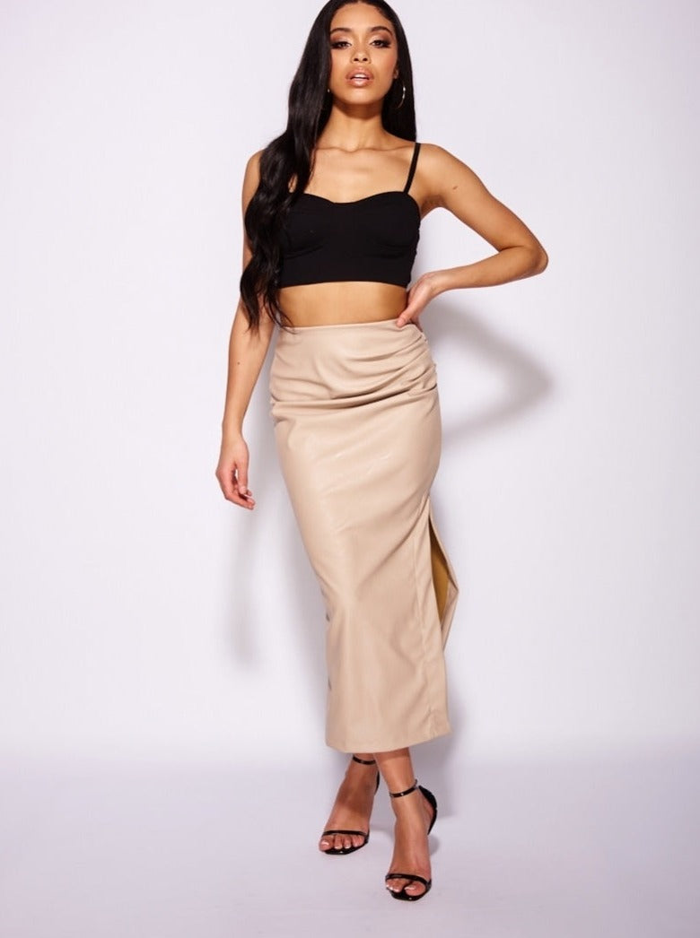 BAE BEIGE FAUX LEATHER SKIRT - FINAL SALE by RAËLIV