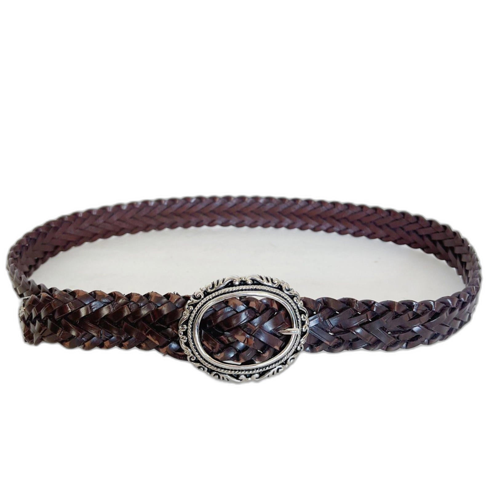 Vintage Brown Leather Braided Belt Silver Statement Buckle Size M by Hot Girl Secondhand