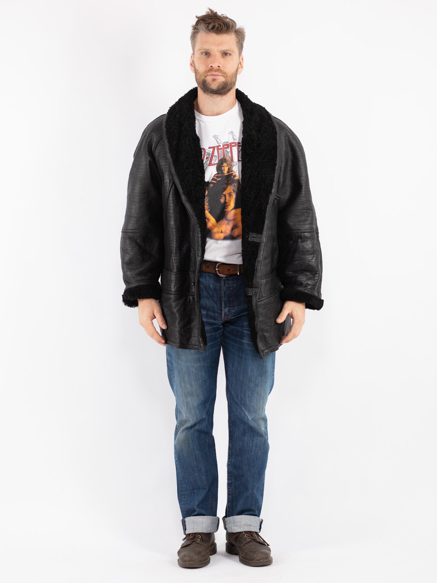 Vintage 80's Men Sheepskin Shearling Coat in Black by Northern Grip