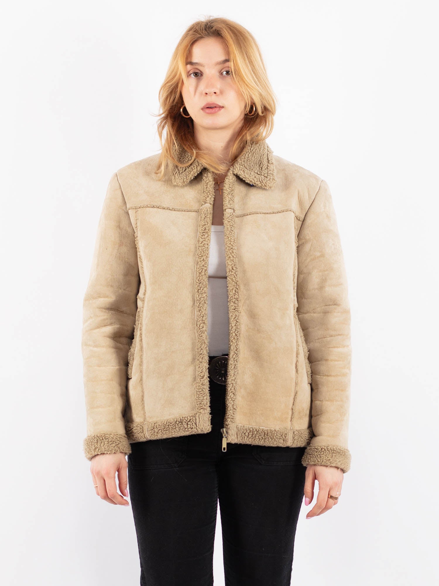 Vintage 90's Women Faux Sheepskin Jacket in Beige by Northern Grip
