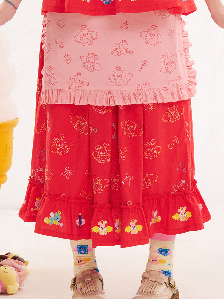 NIKKOU Kawaii Embroidered Red Skirt | Cotton Skirt with Detachable Apr by Land Decora