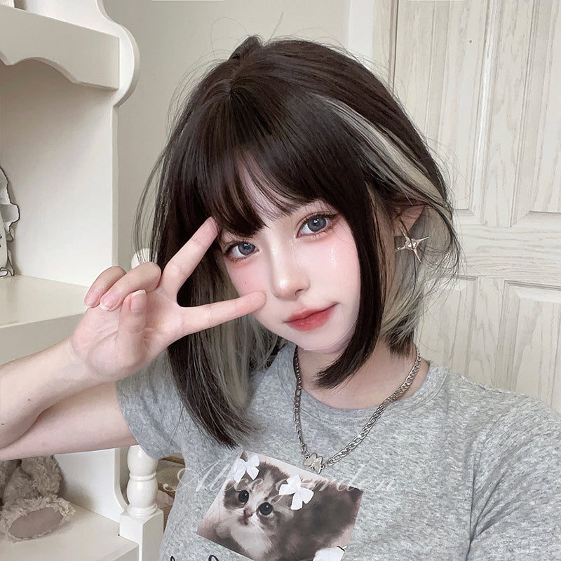 Alice Garden Harajuku Style Short Wig – Black-Brown Ombre with Milk Yellow Highlights by Land Decora