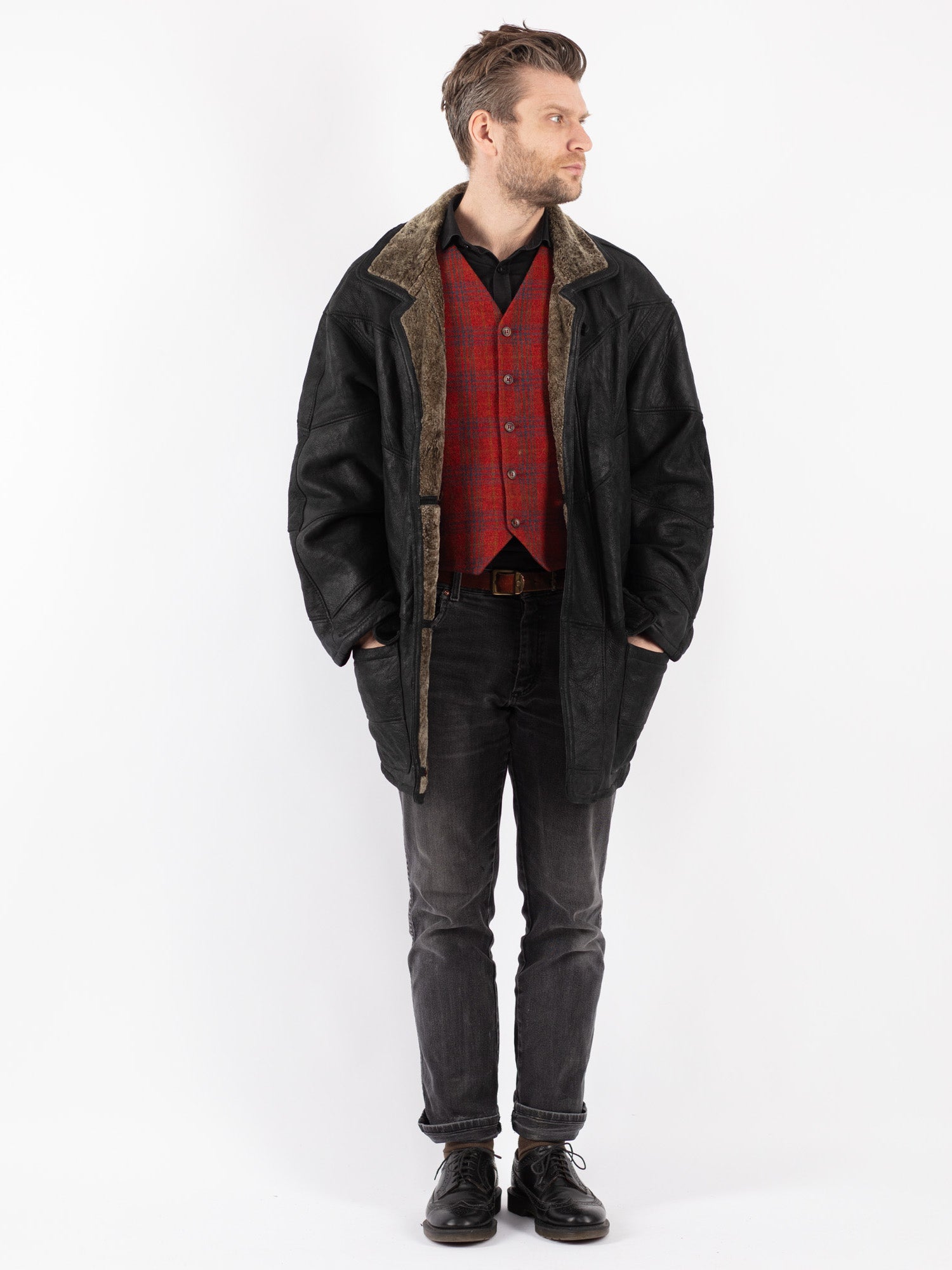 Vintage 90's Men Sheepskin Coat in Black by Northern Grip