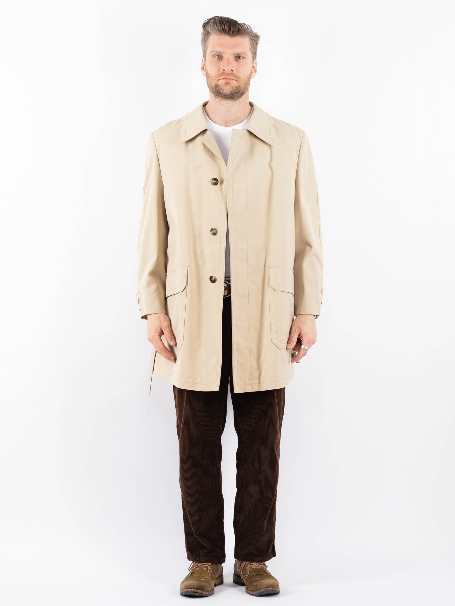 Vintage 70's Men Belted Mac Coat in Beige by Northern Grip