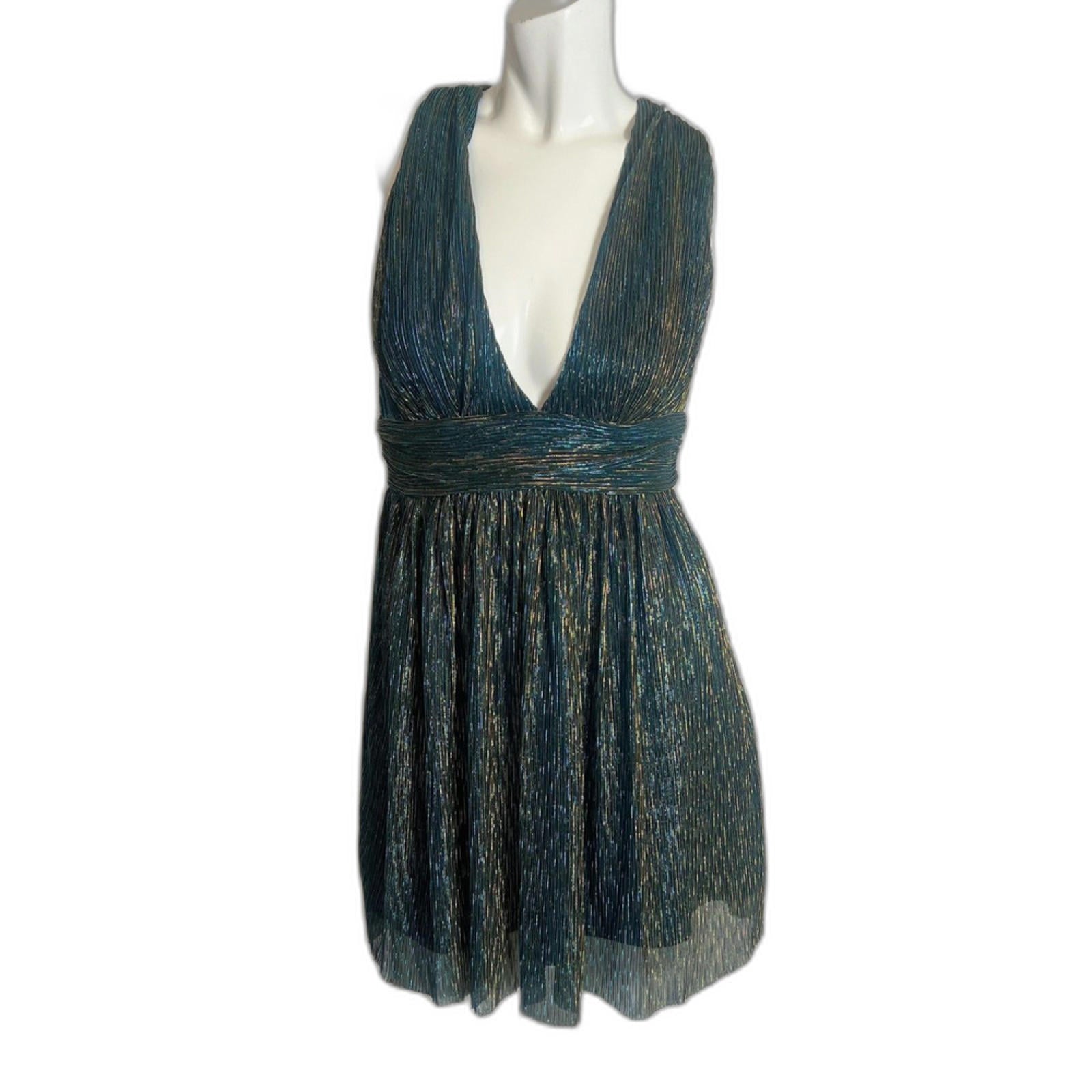 Lulus Ailey Gold and Teal Blue Metallic Skater Dress Women's Size M by Hot Girl Secondhand