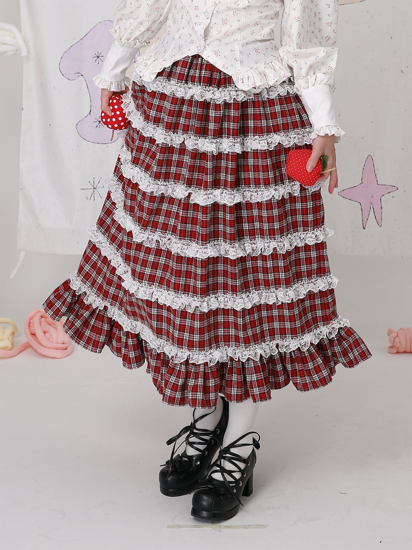 Kawaii Skirt Christmas Red Plaid Lolita Showa Retro Midi - SOS MEME CLUB by Land Decora