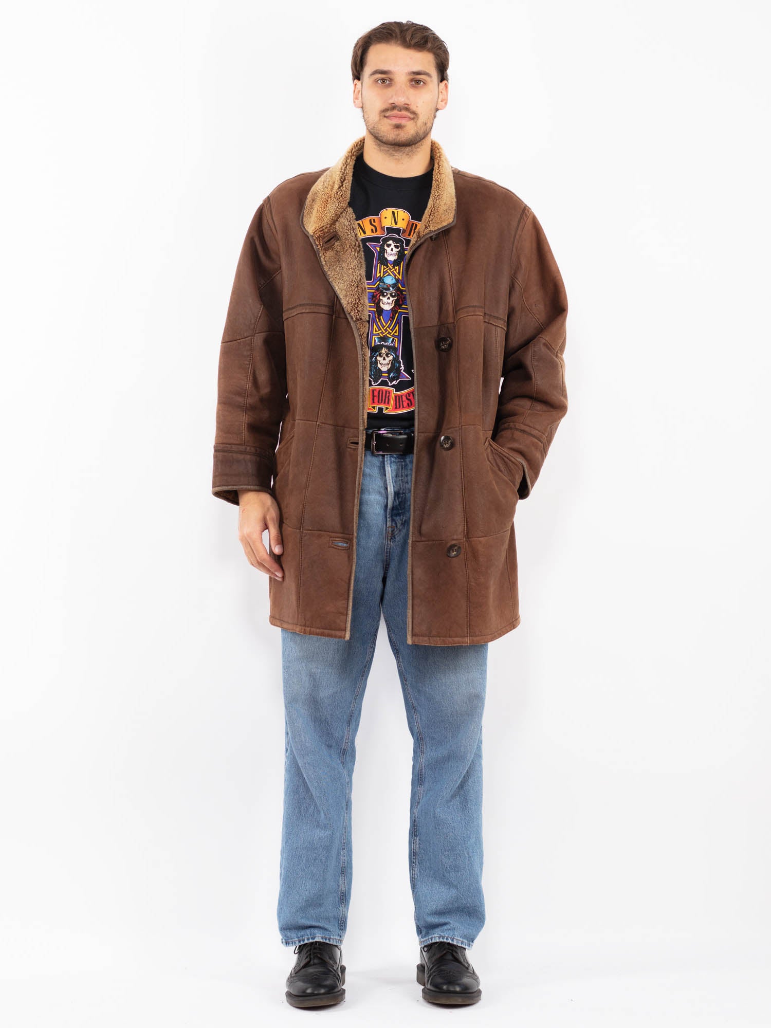 Vintage 90's Men Sheepskin Leather Coat in Brown by Northern Grip