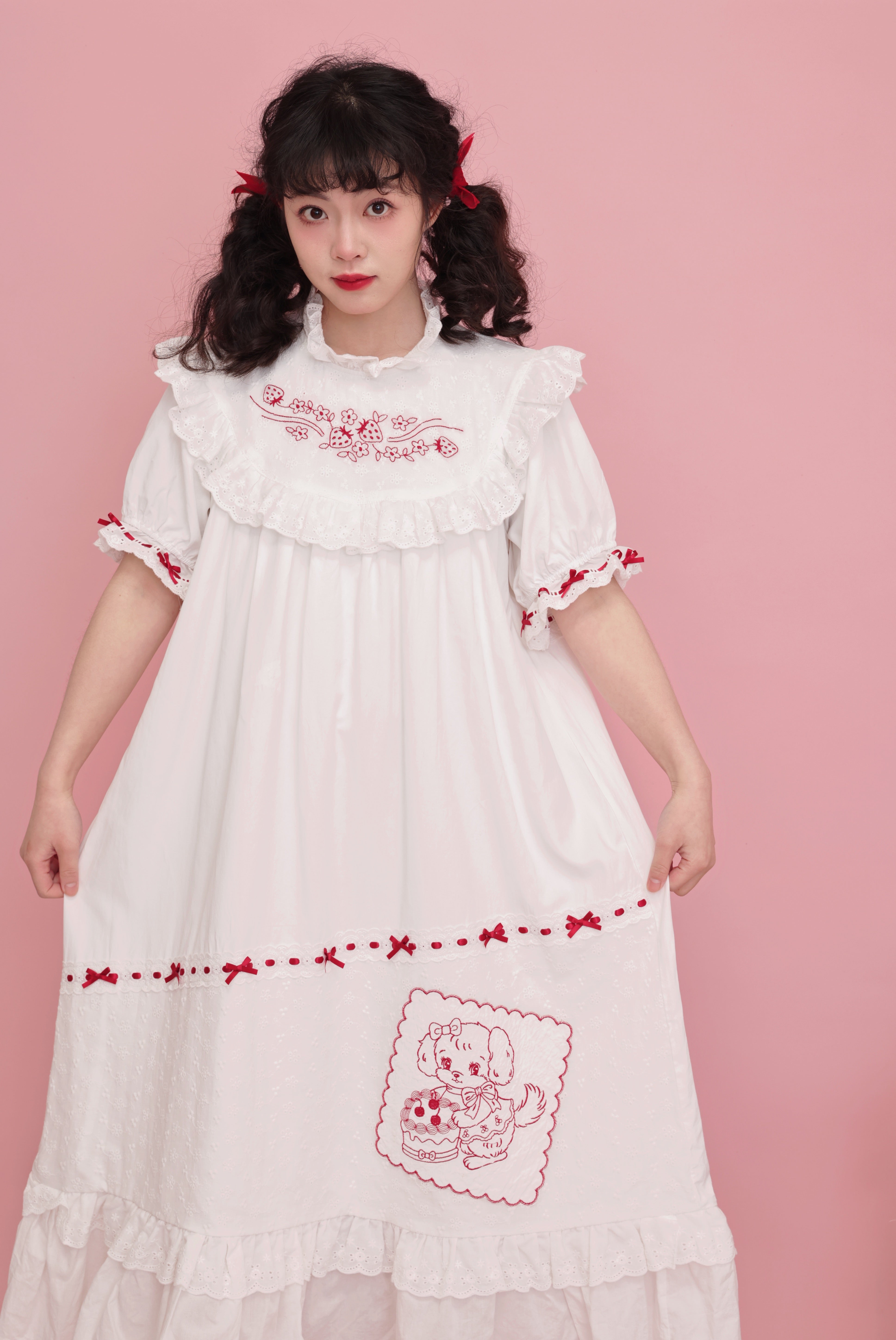 SemenCoicis Dress Antique Strawberry Ribbon Dress Doll Embroidered Bow by Land Decora