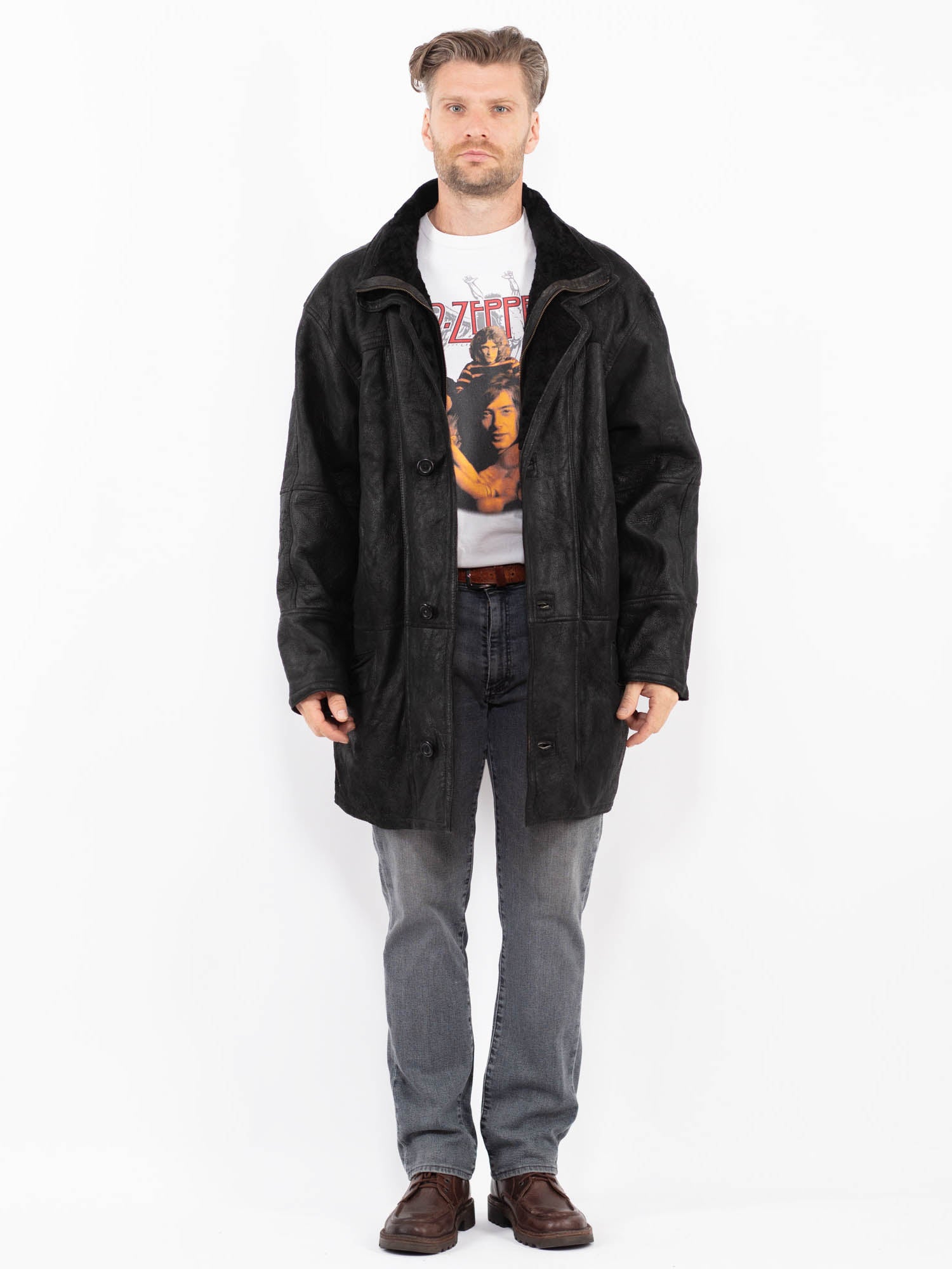 Vintage 90's Men Sheepskin Coat in Black by Northern Grip
