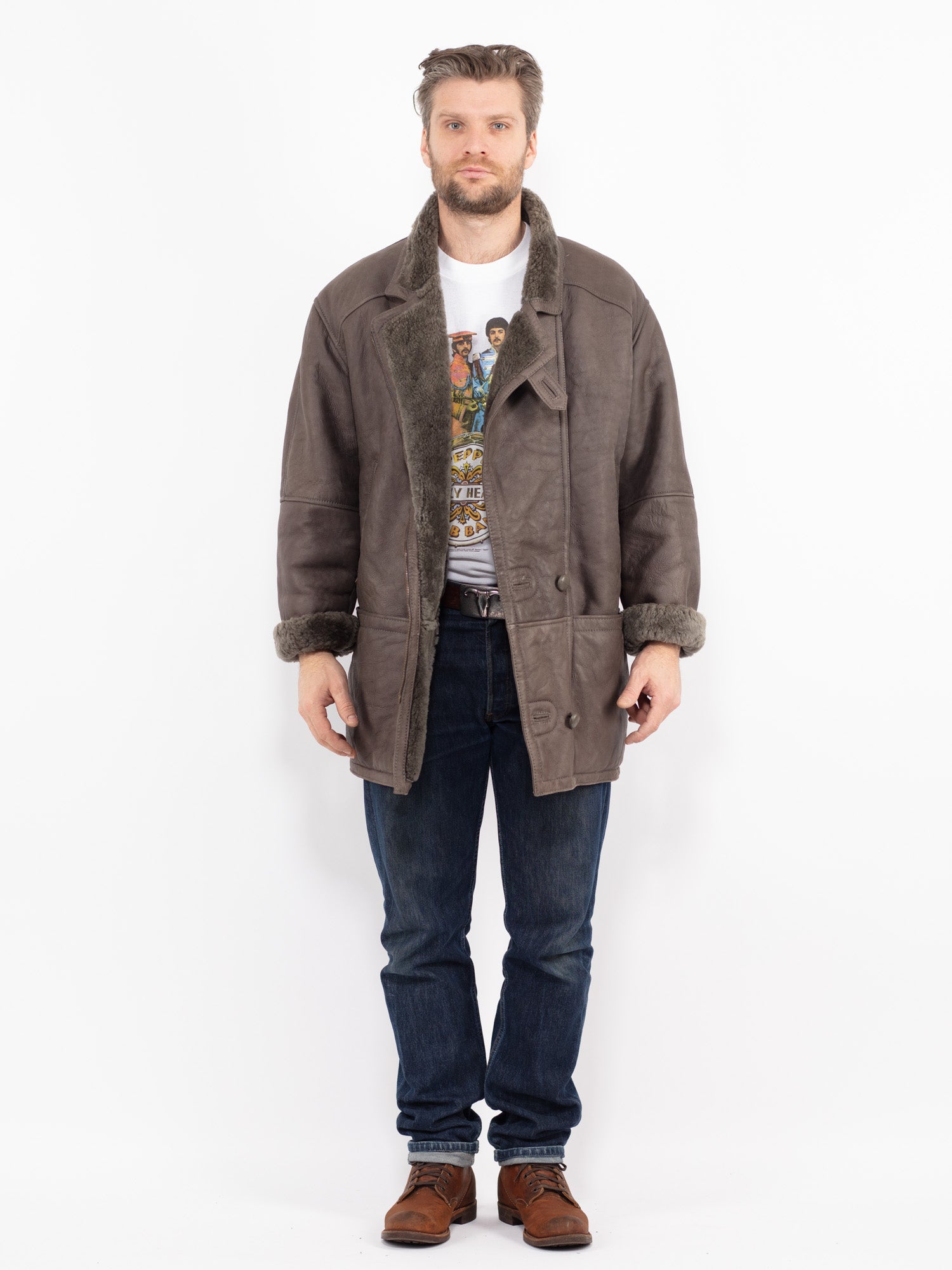 Vintage 80's Men Sheepskin Coat in Gray by Northern Grip