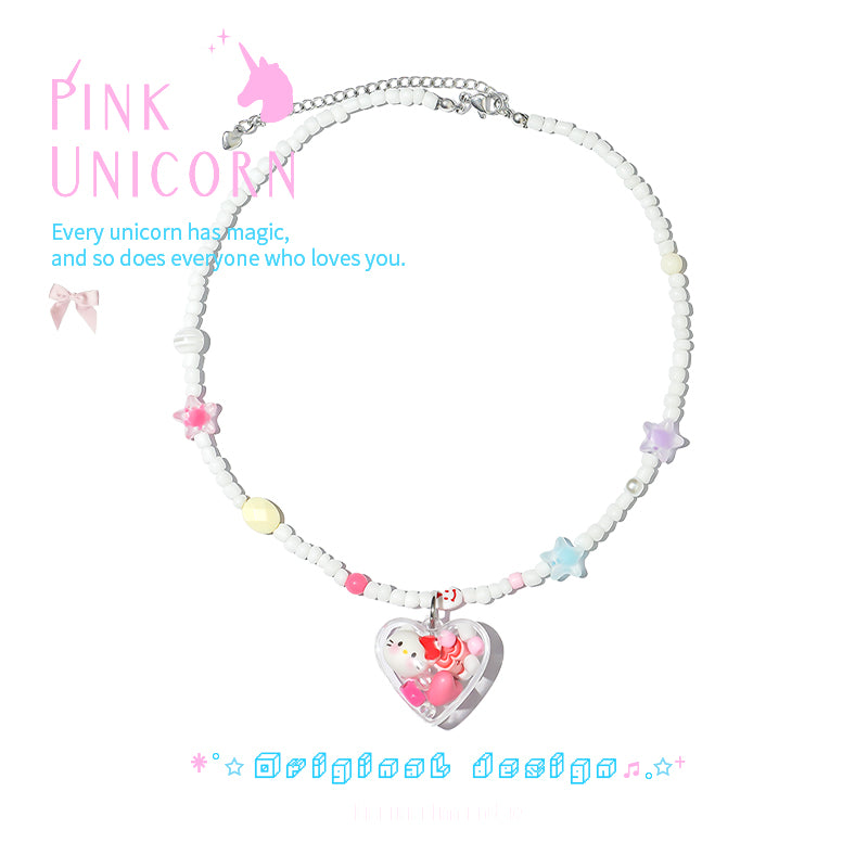 Pink Unicorn Hello Kitty Necklace - Y2K Kawaii Sweet Dopamine Choker by Land Decora