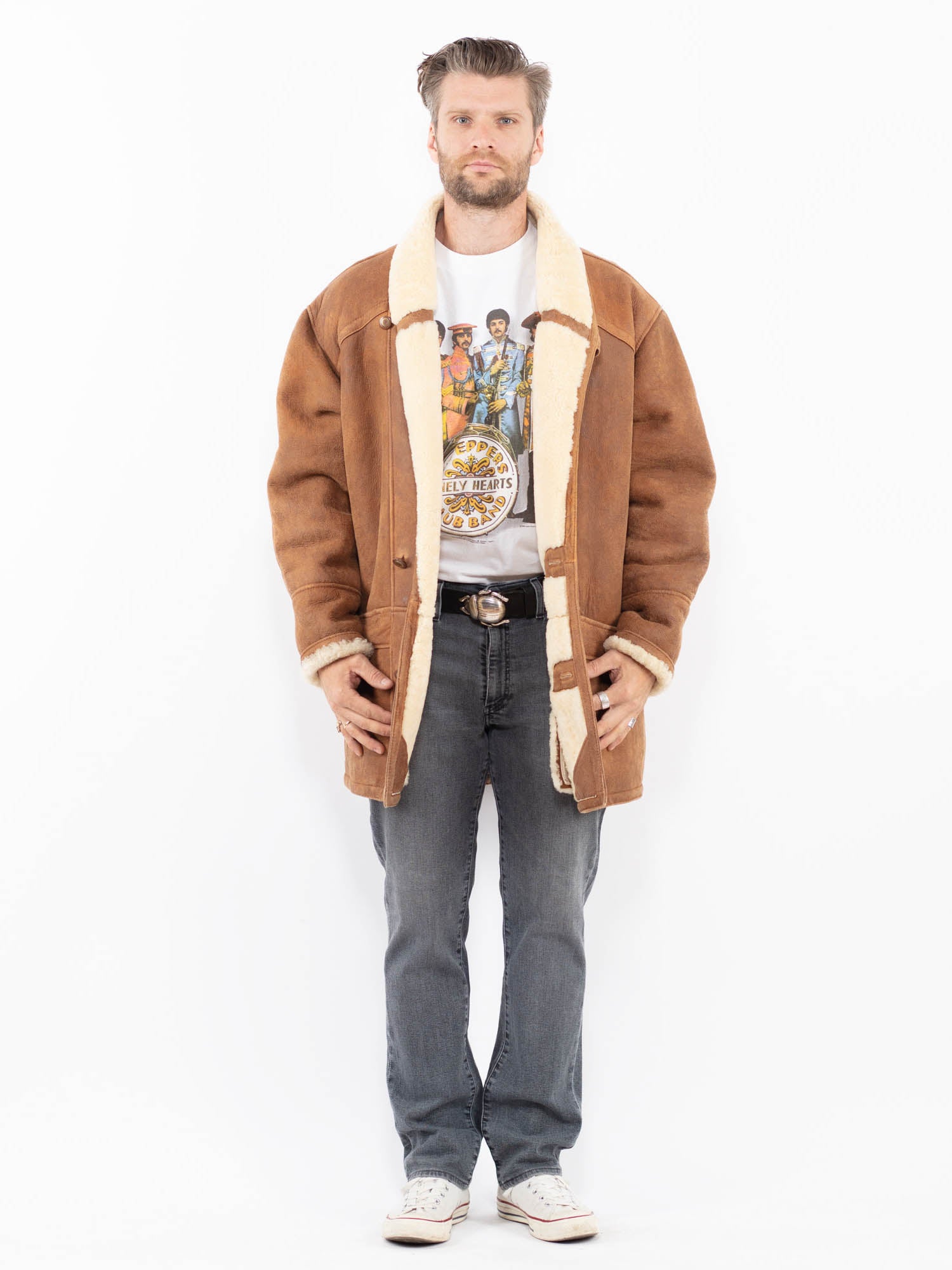 Vintage 80's Men Sheepskin Coat in Brown by Northern Grip