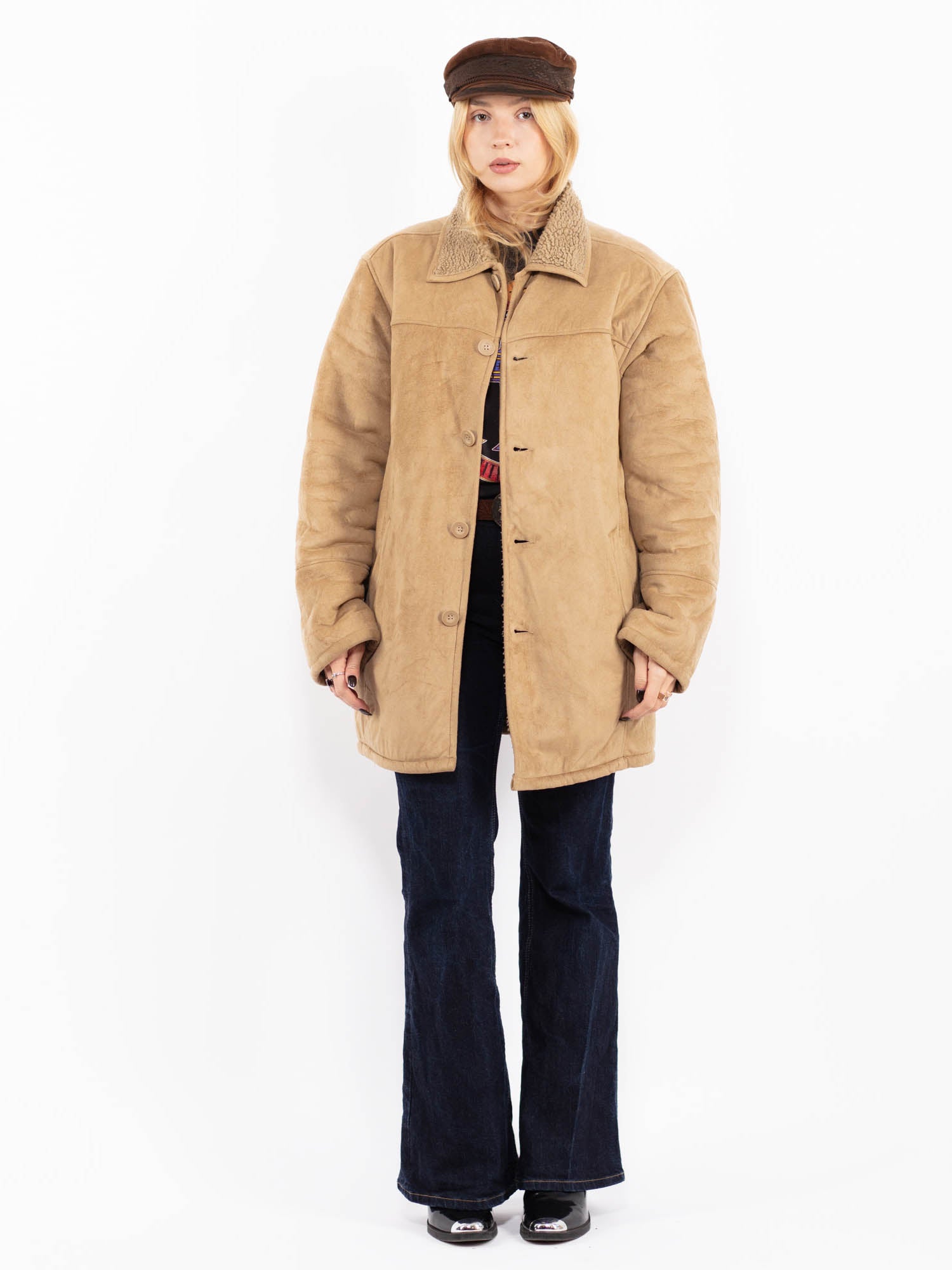Vintage 90's Women Faux Sheepskin Coat in Beige by Northern Grip