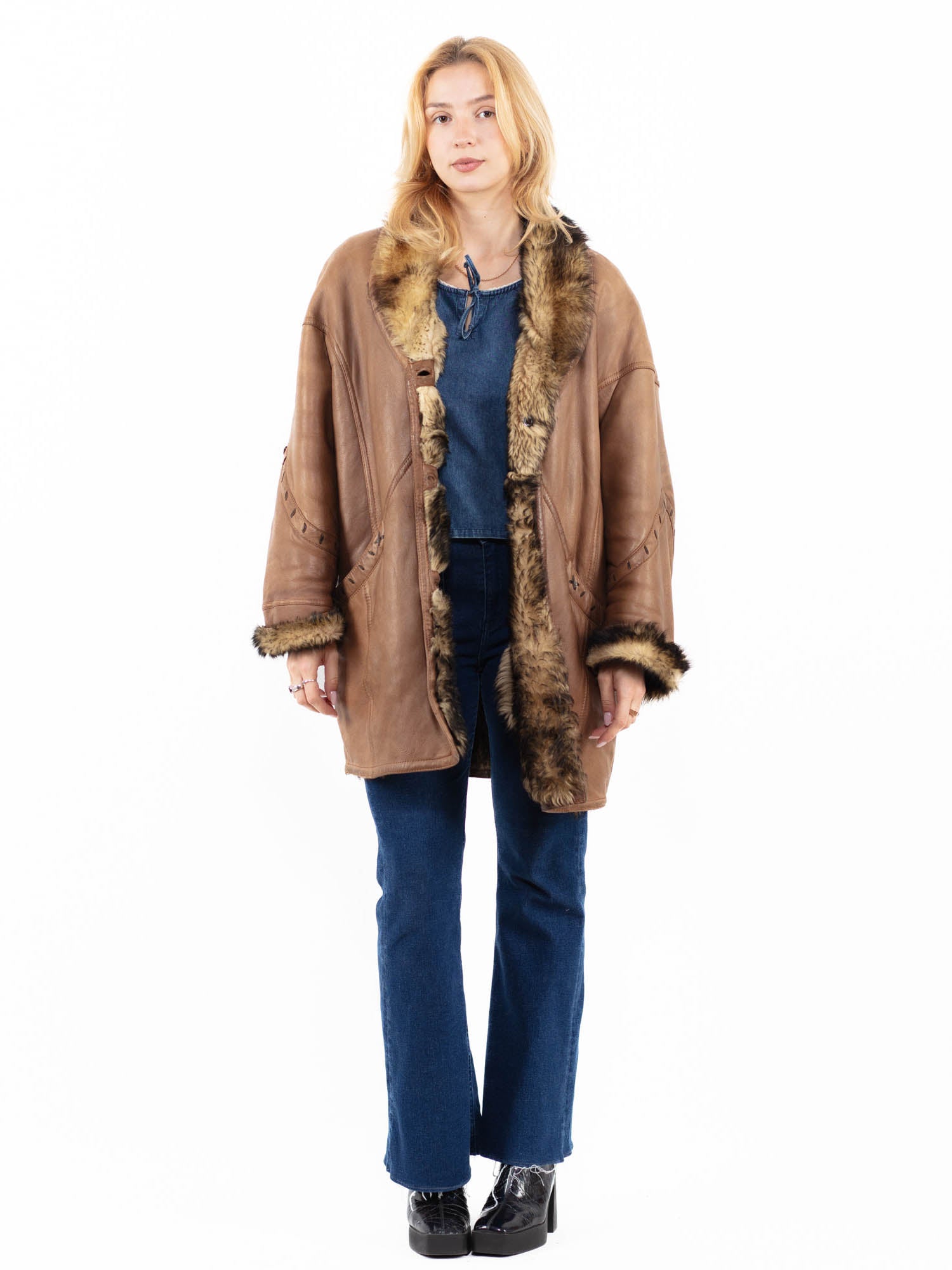 Vintage 80's Penny Lane Sheepskin Shearling Coat in Beige by Northern Grip