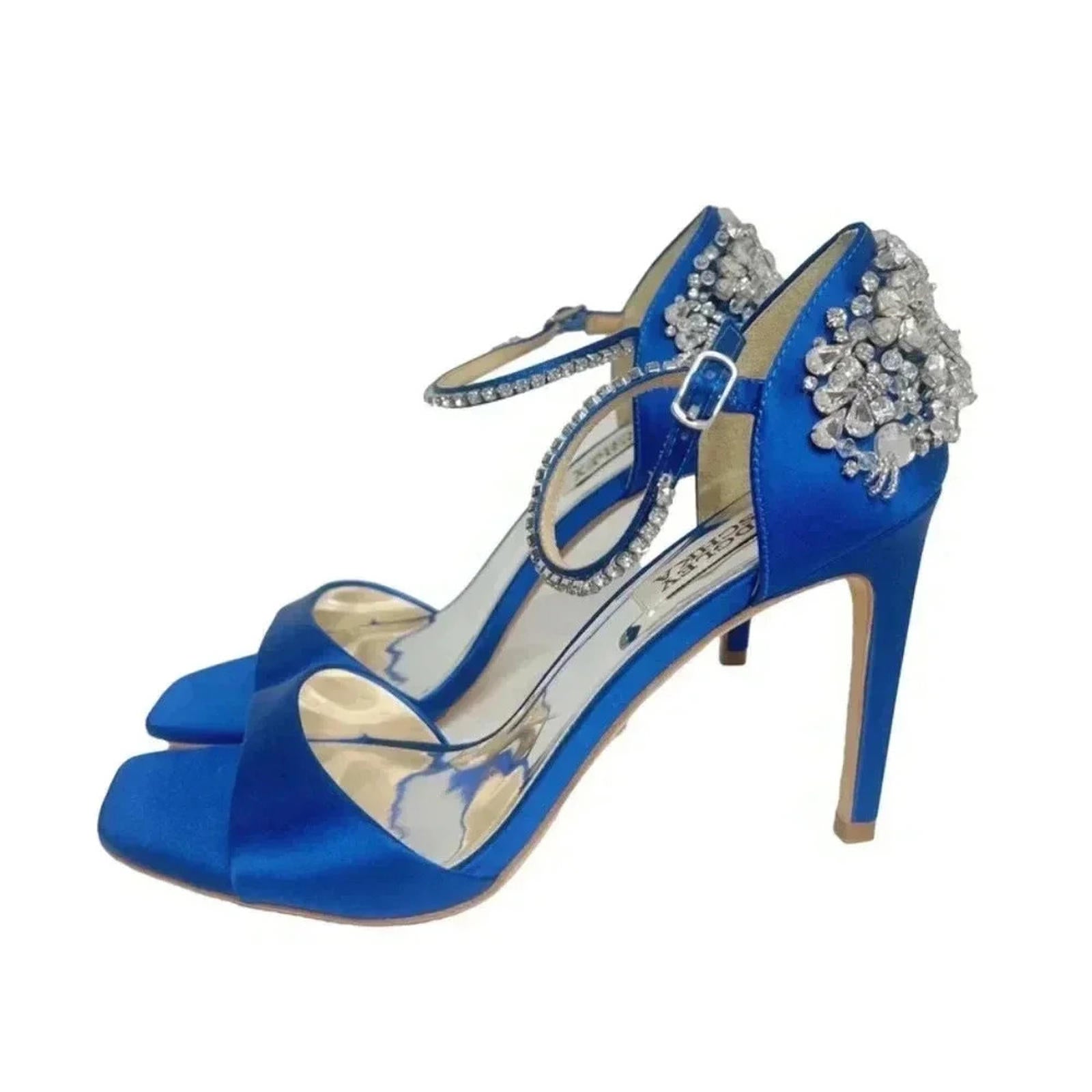 NWOT Badgley Mischka Blue Satin Crystal Encrusted Stilettos Square Toe by Hot Girl Secondhand