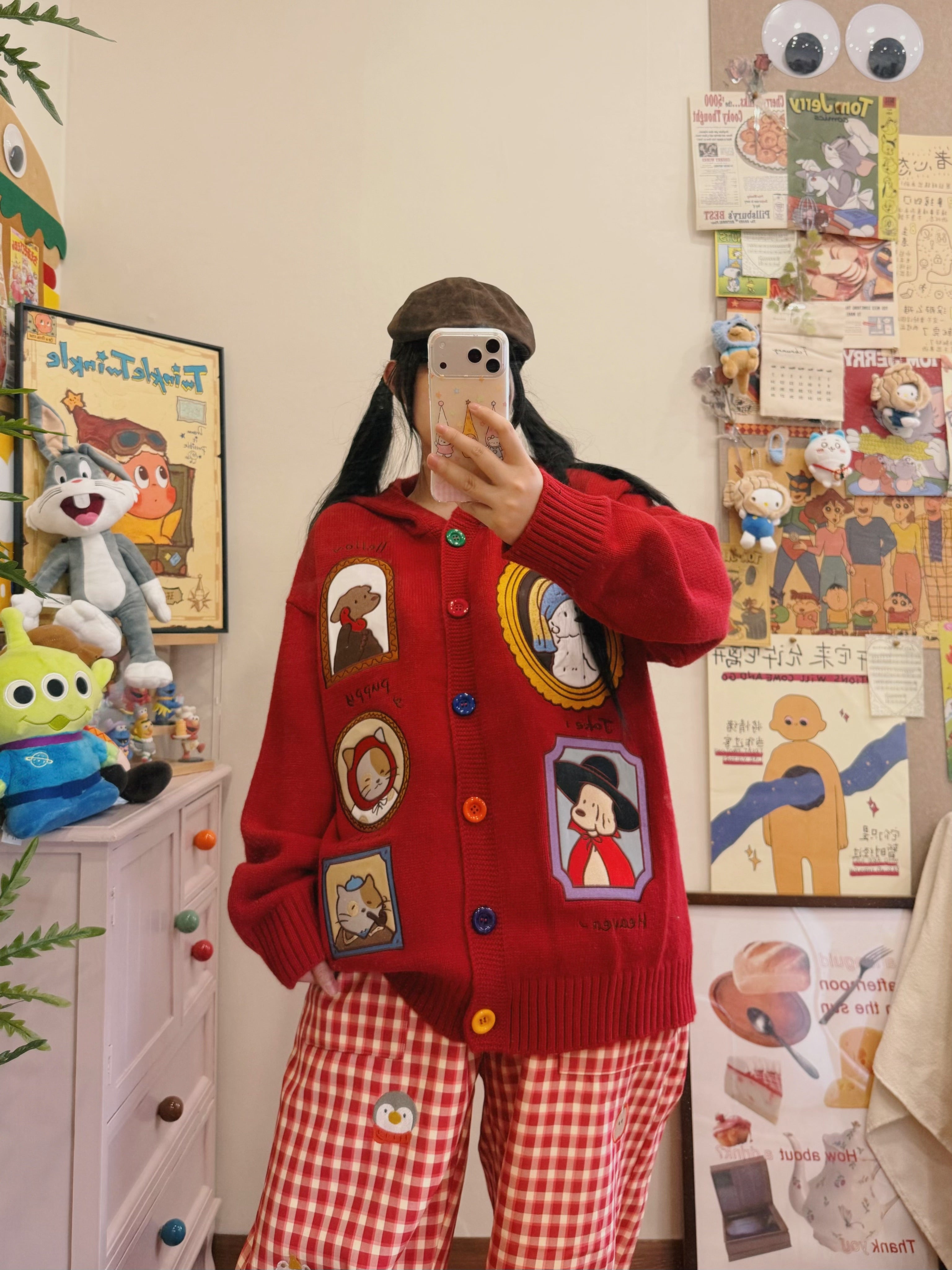 Kidcore Cartoon Embroidered Knit Cardigan Oversized Cozy - BIBULU by Land Decora