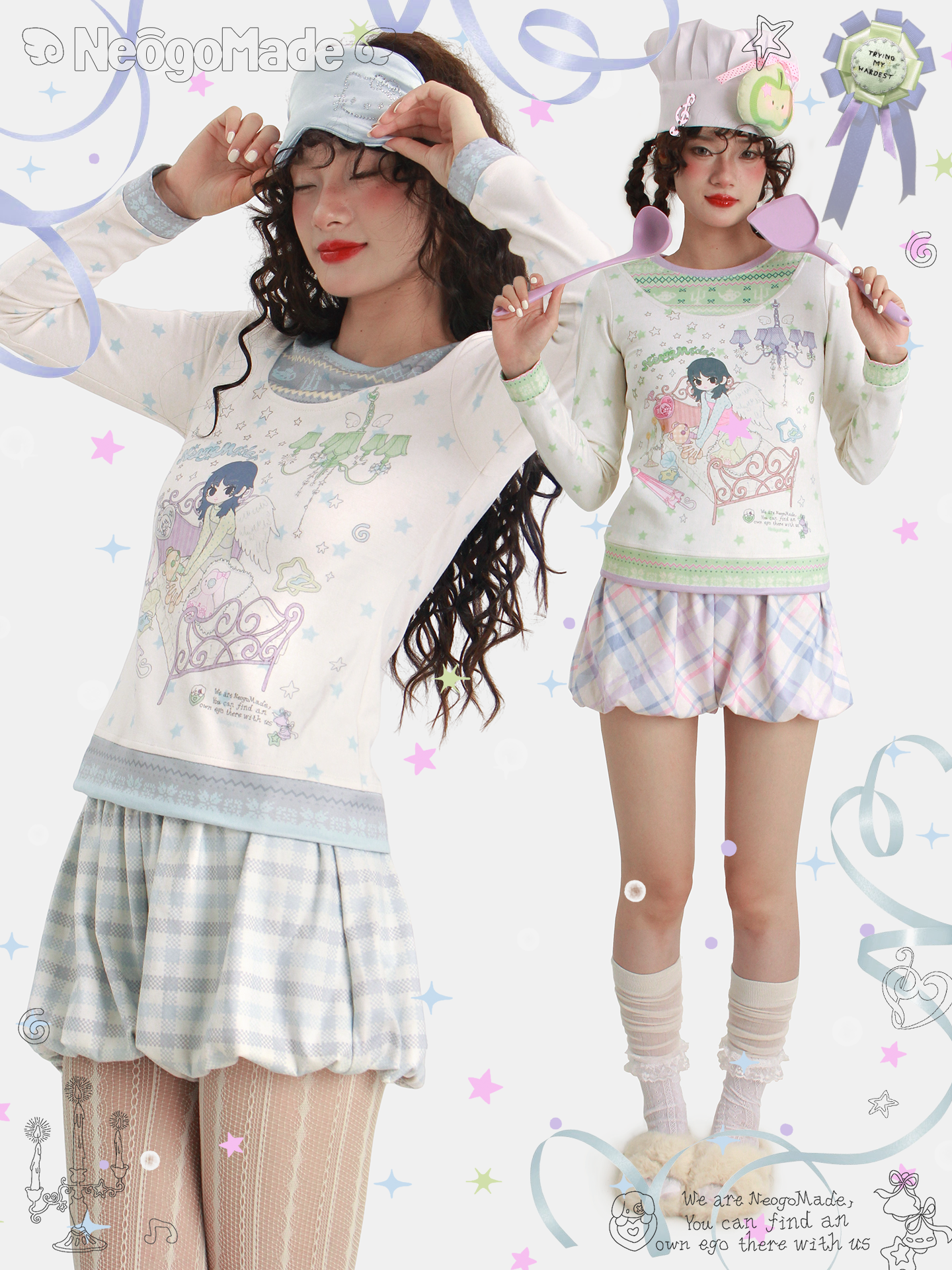 Kawaii Knit Patchwork Layered Long Sleeve Tee – NeogoMade by Land Decora