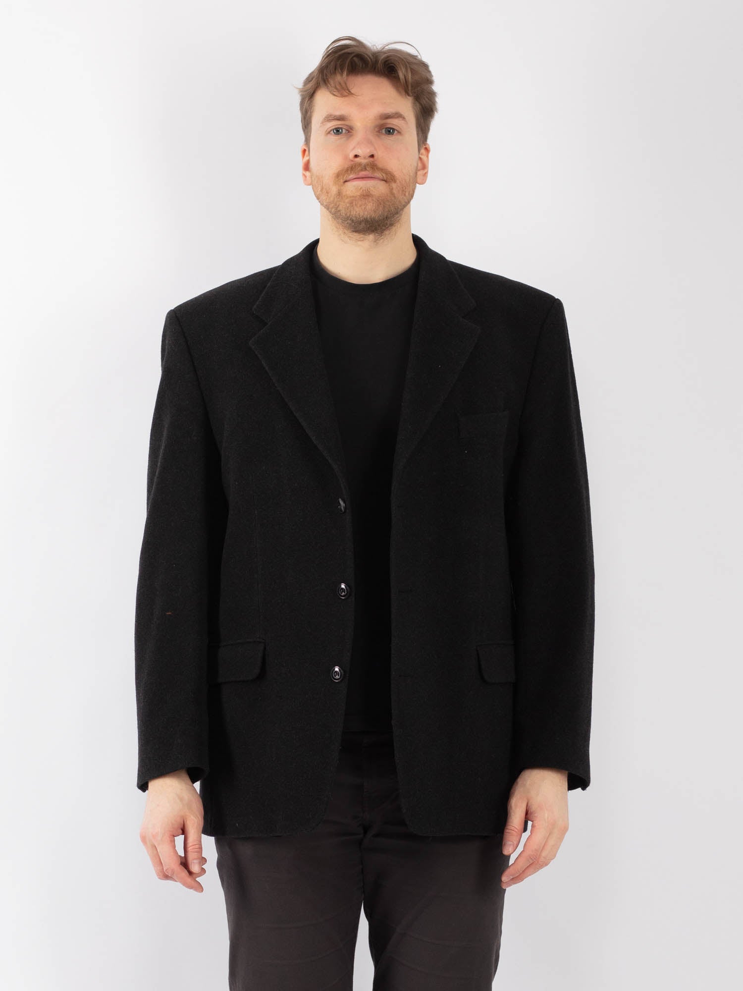 Vintage 90's Men Cashmere Wool Blend Blazer Jacket in Dark Gray by Northern Grip